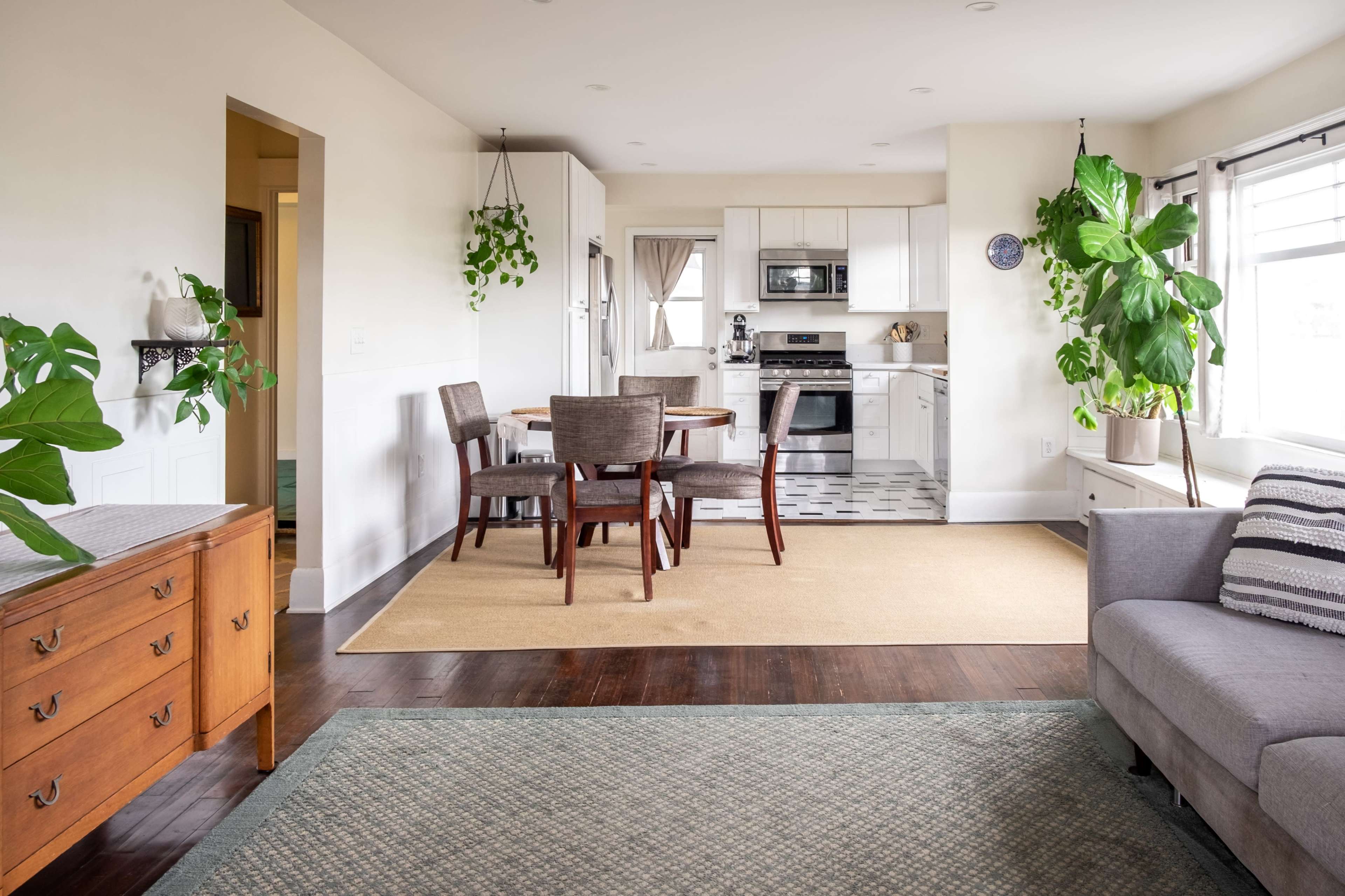 A modern, open-concept living and dining area features a wooden dining table with chairs, a sofa, and a kitchen visible in the background, framed by houseplants.