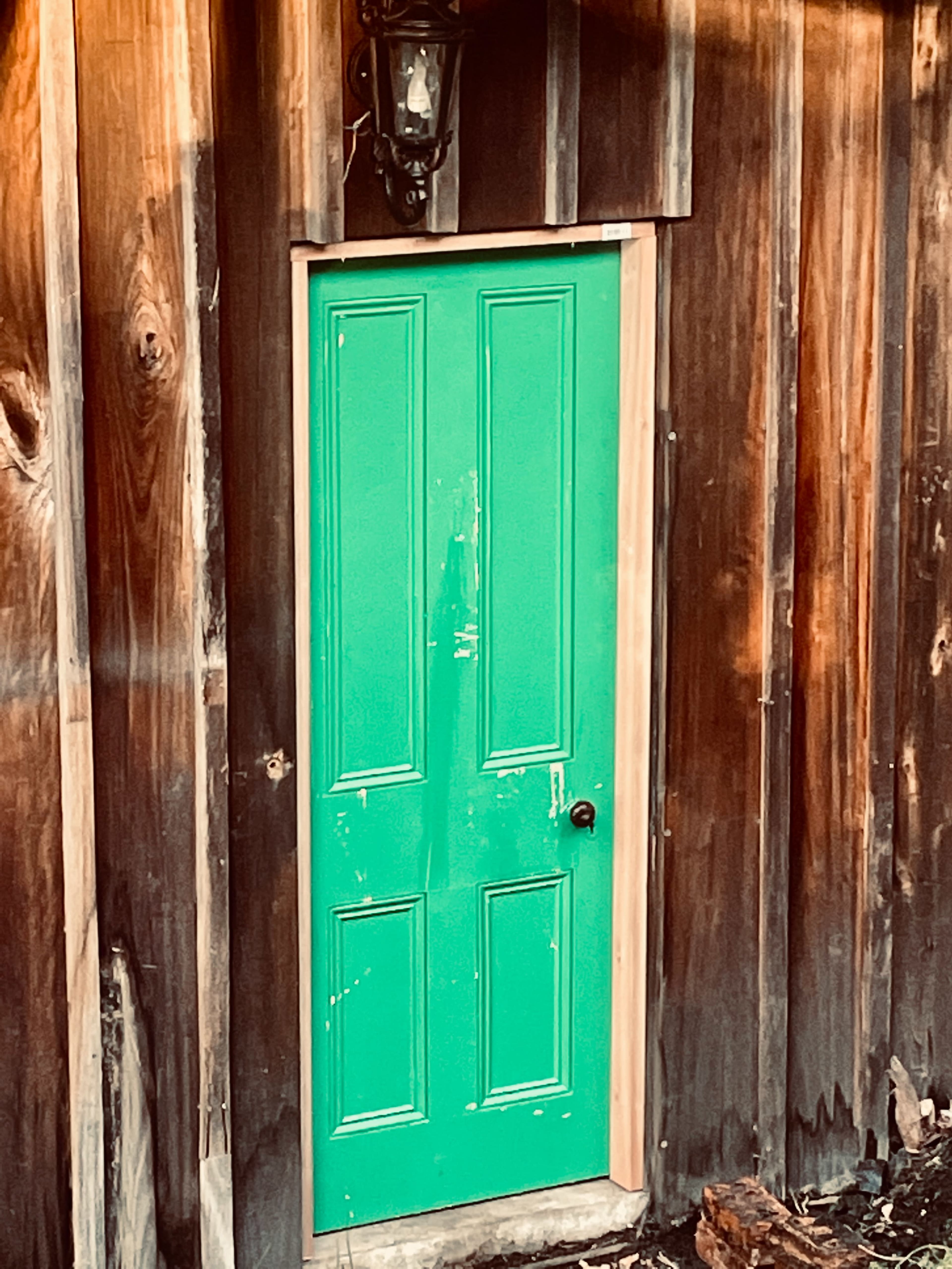 A bright green door is set within a rustic wooden wall, flanked by a lantern.