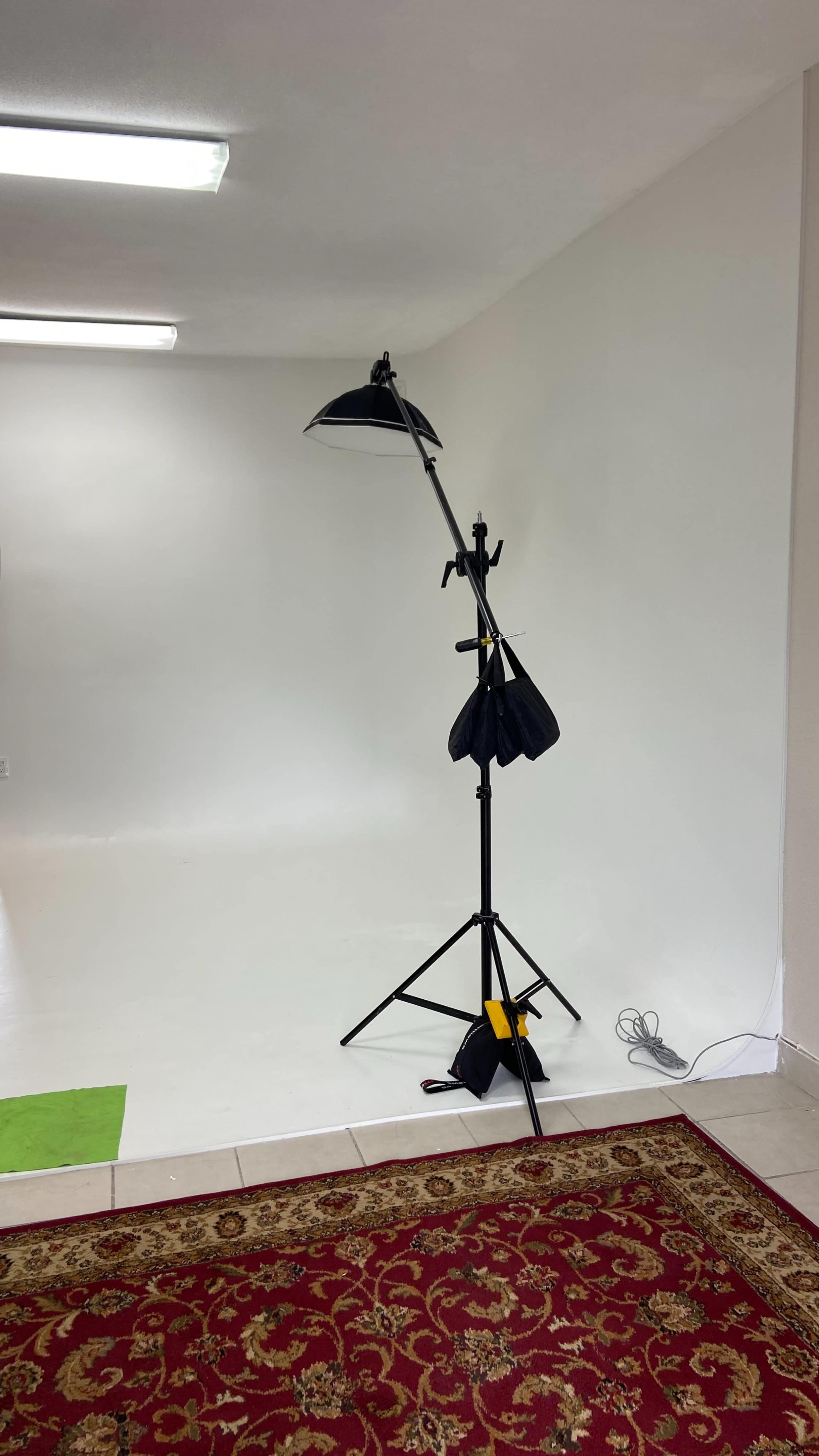 A photography setup with a light stand and umbrella reflector in a sparsely furnished room with white walls and a patterned rug on the floor.