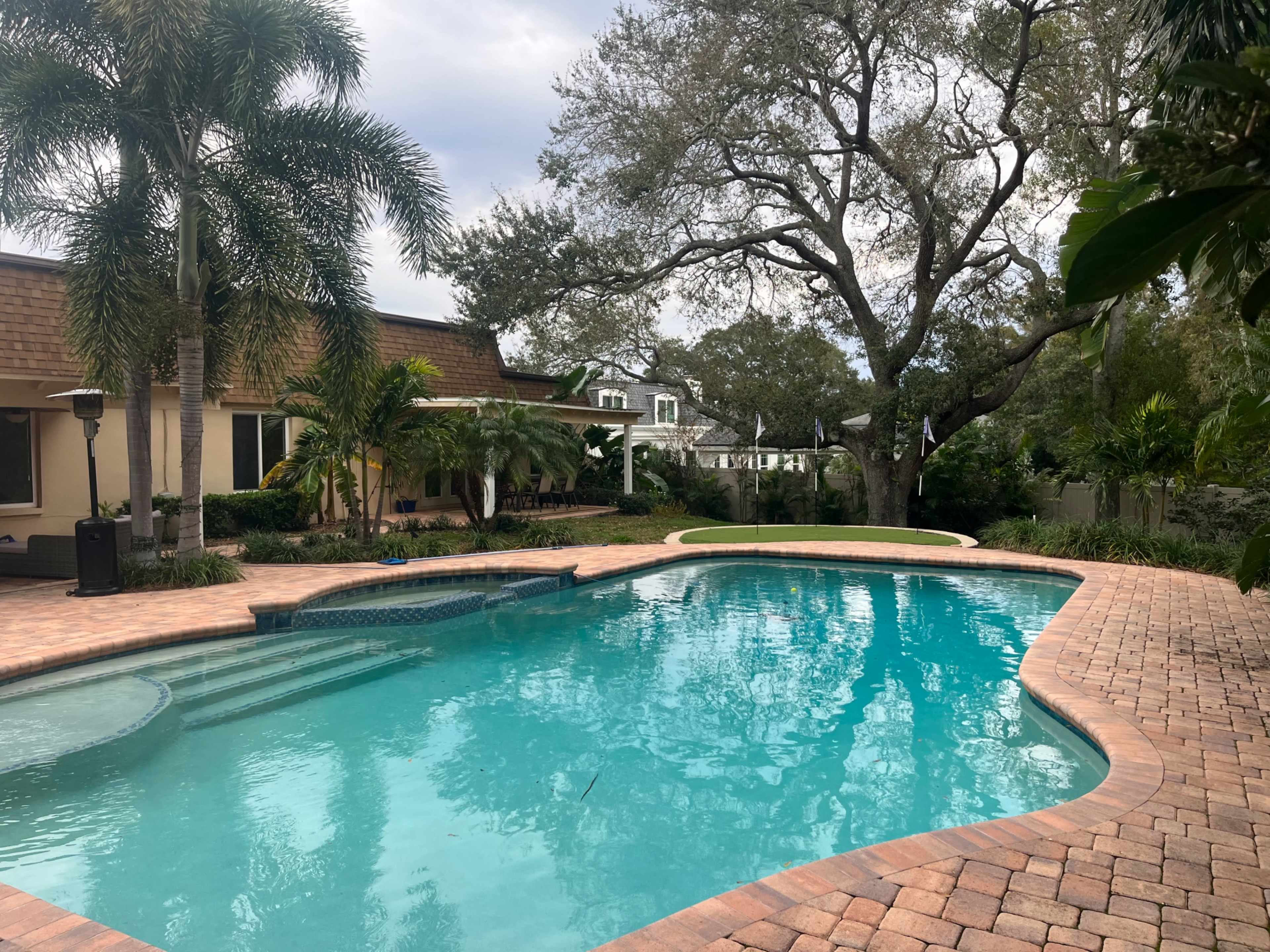 A clear swimming pool is surrounded by landscaped greenery and a paved deck in a residential backyard.