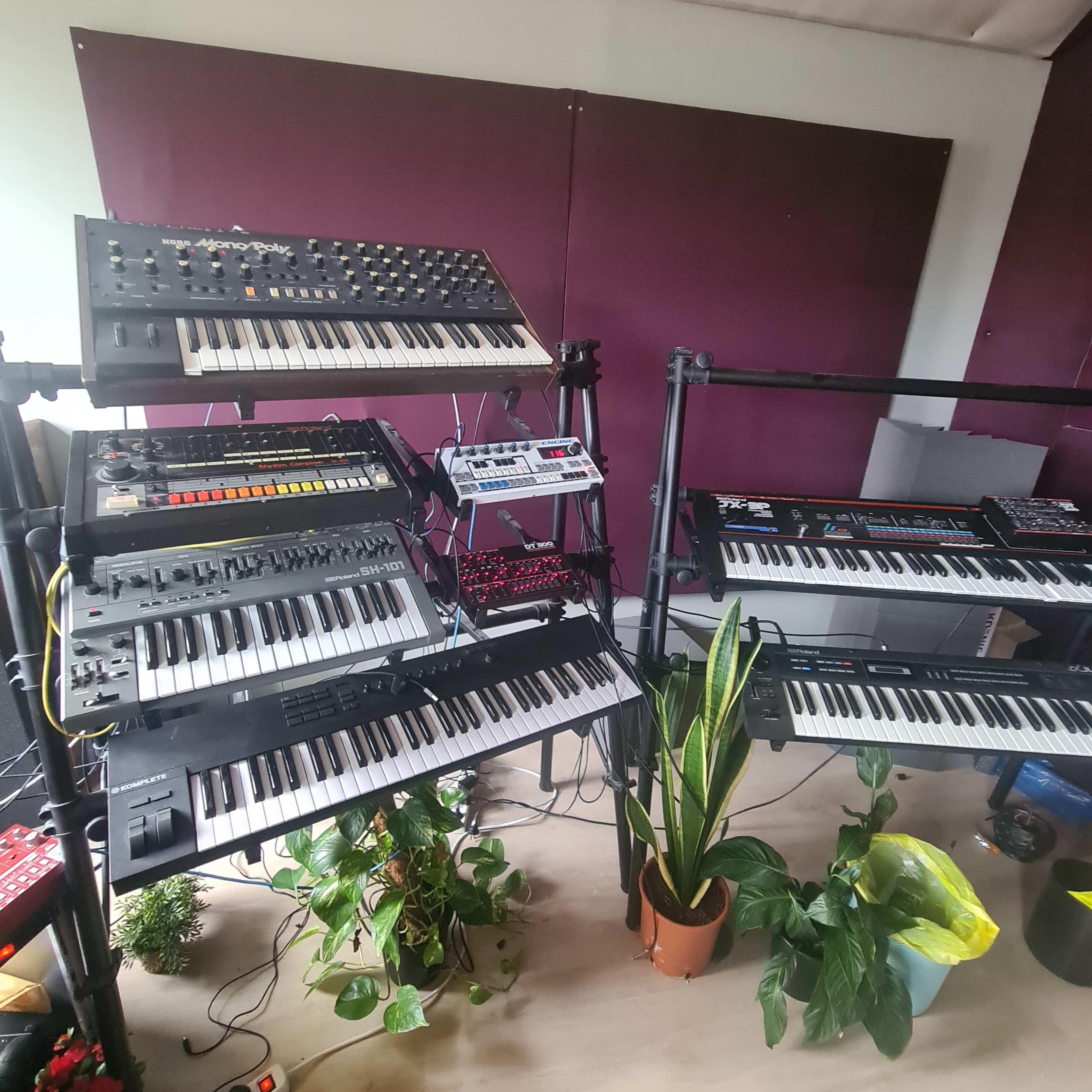 The image shows a collection of synthesizers and keyboards arranged on metal stands in a room with purple walls and some potted plants.