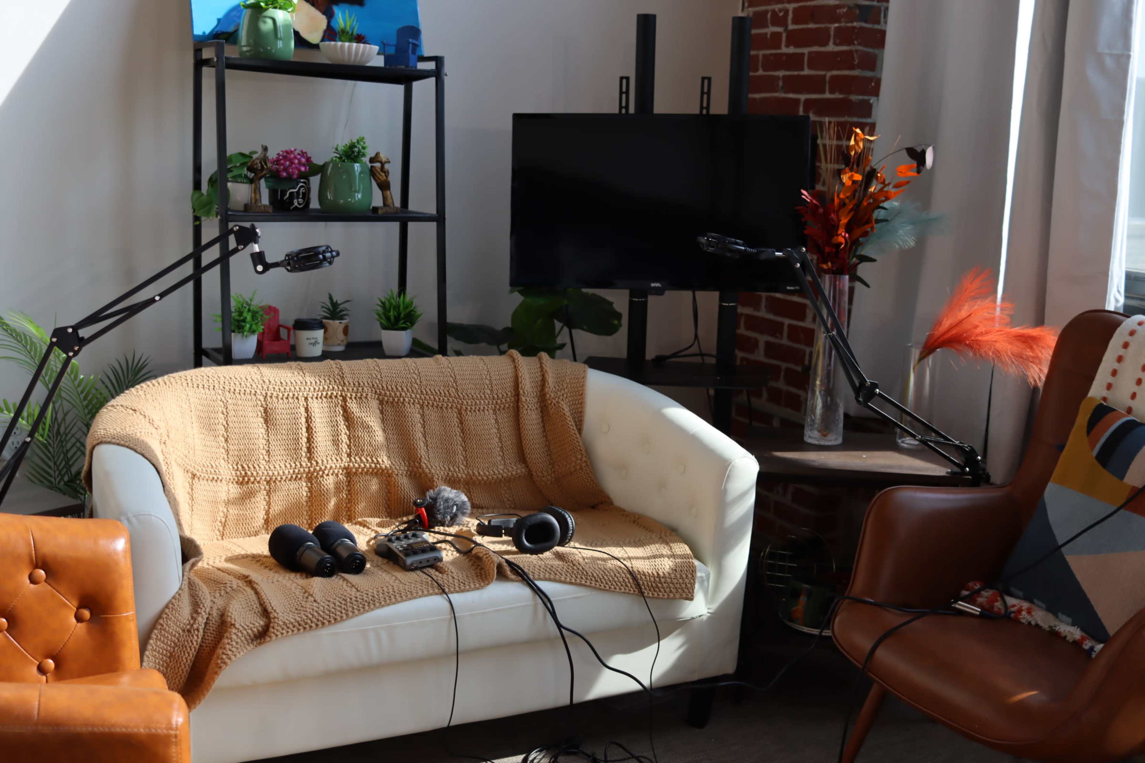 A cozy living space features a white couch draped with a tan blanket, surrounded by various plants and a TV, along with equipment for recording or streaming.
