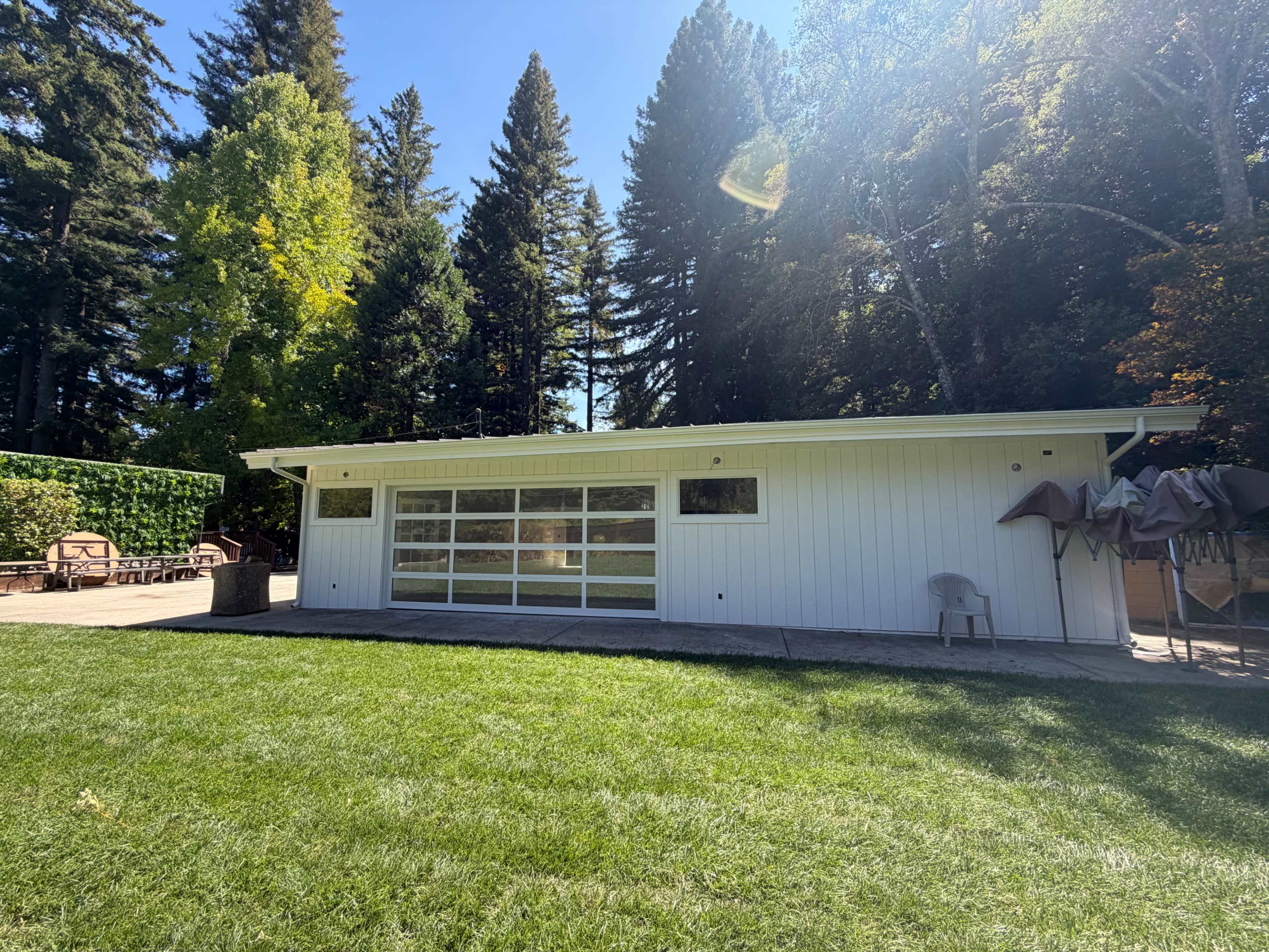 A modern white building with large windows is surrounded by a green lawn and tall trees.