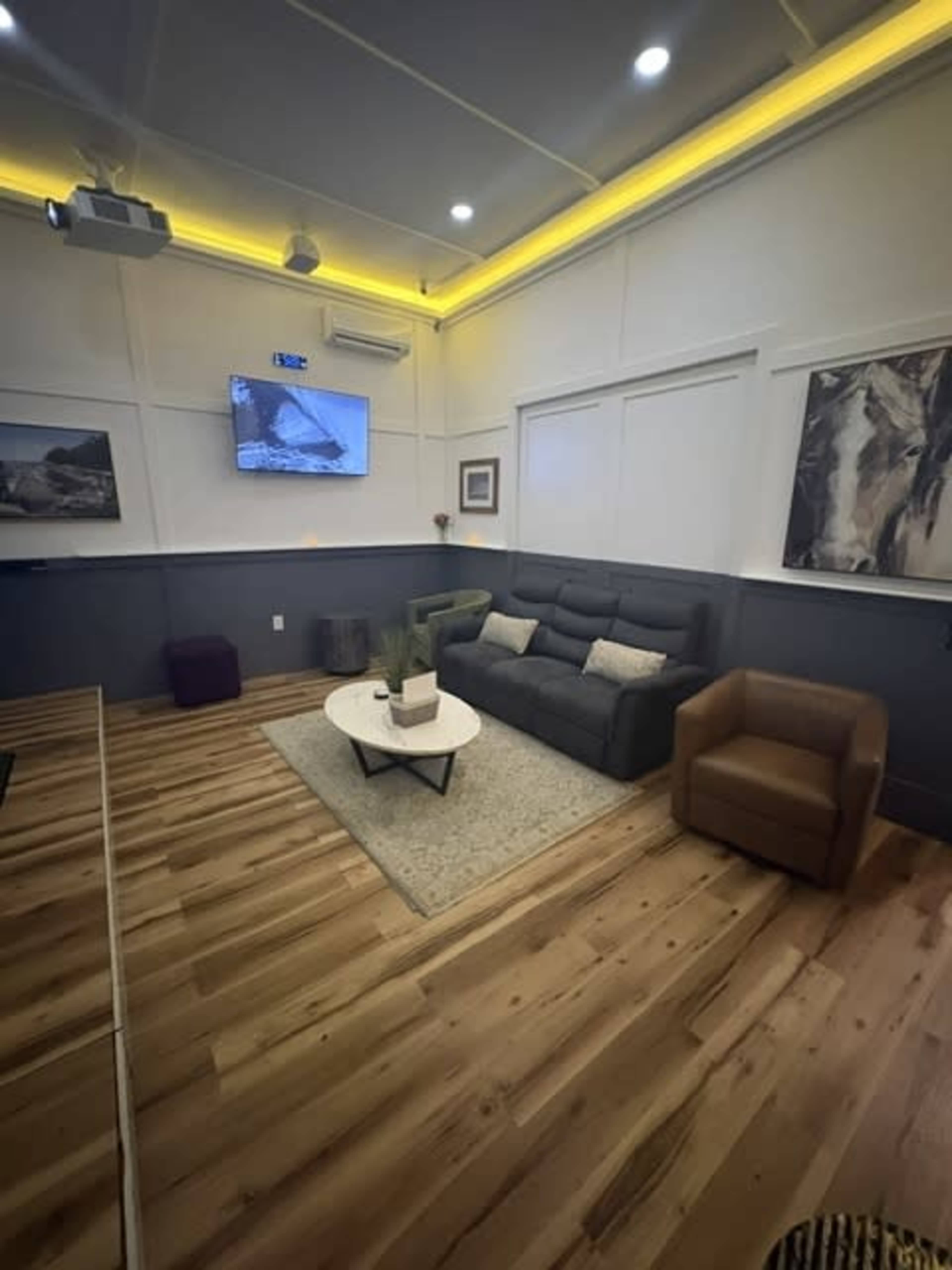 The image shows a modern, well-lit room featuring a sofa, a single armchair, a coffee table, a rug, a television mounted on the wall, and wooden flooring.
