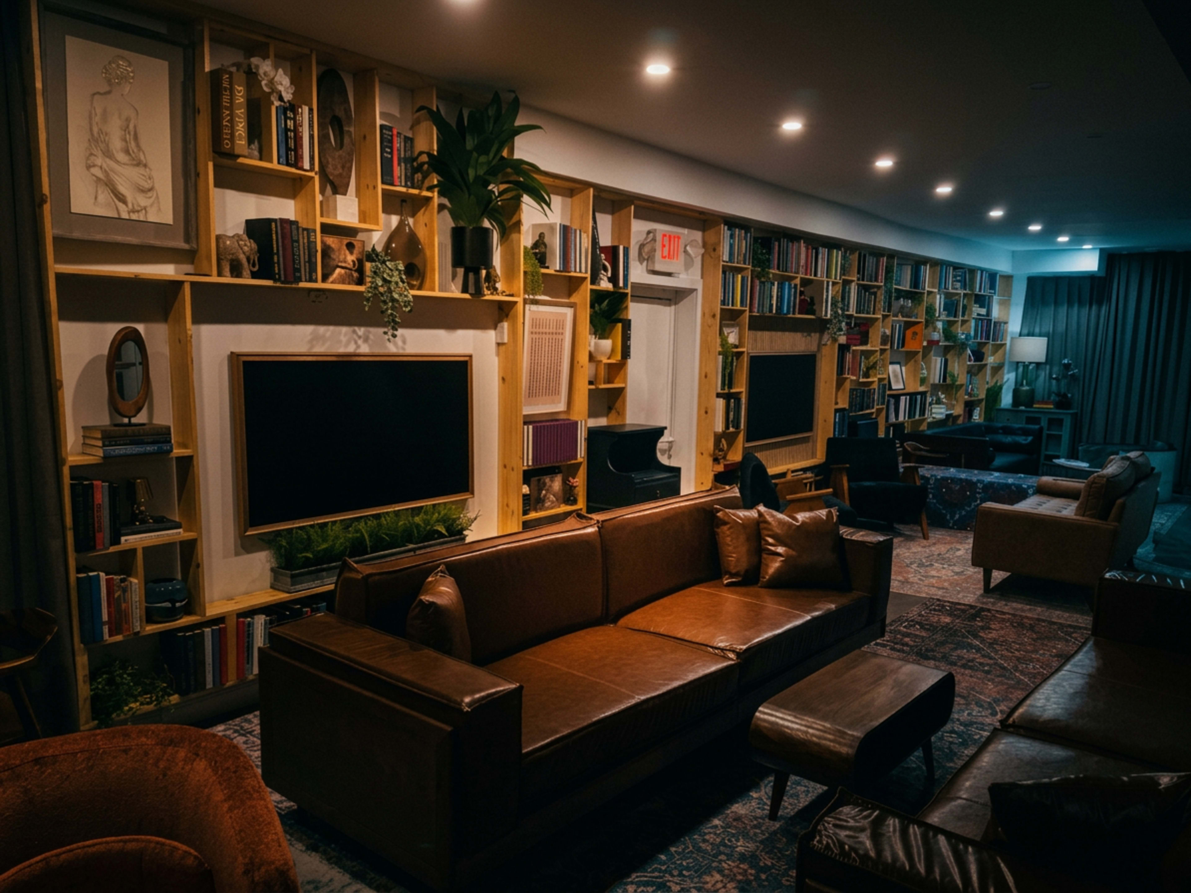 The image features a cozy living room with a large wooden bookshelf filled with books, flanked by a comfortable brown sofa and various decorative plants.
