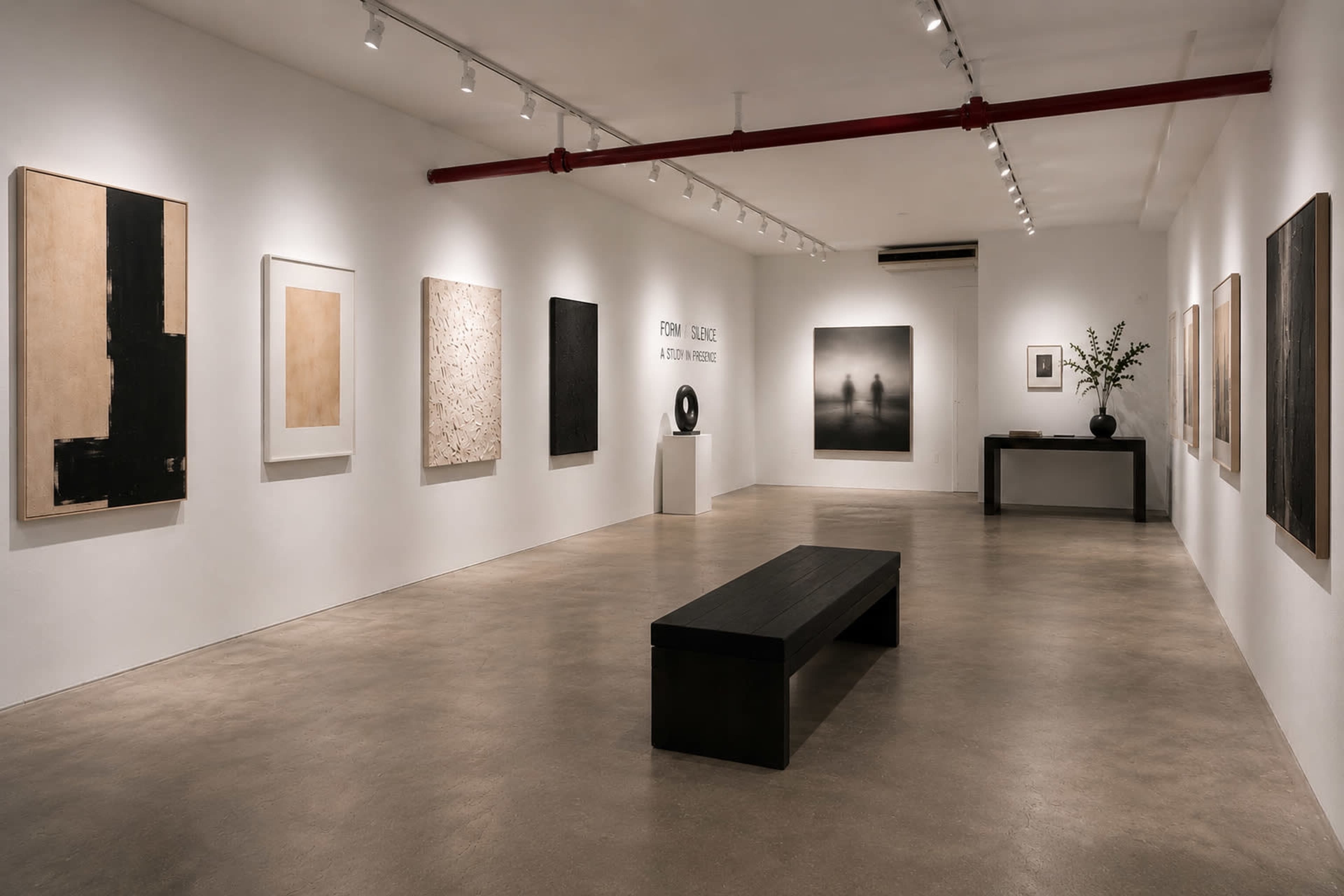 The image shows a contemporary art gallery featuring an arrangement of artwork on white walls, with a black bench in the center and minimalist decor.