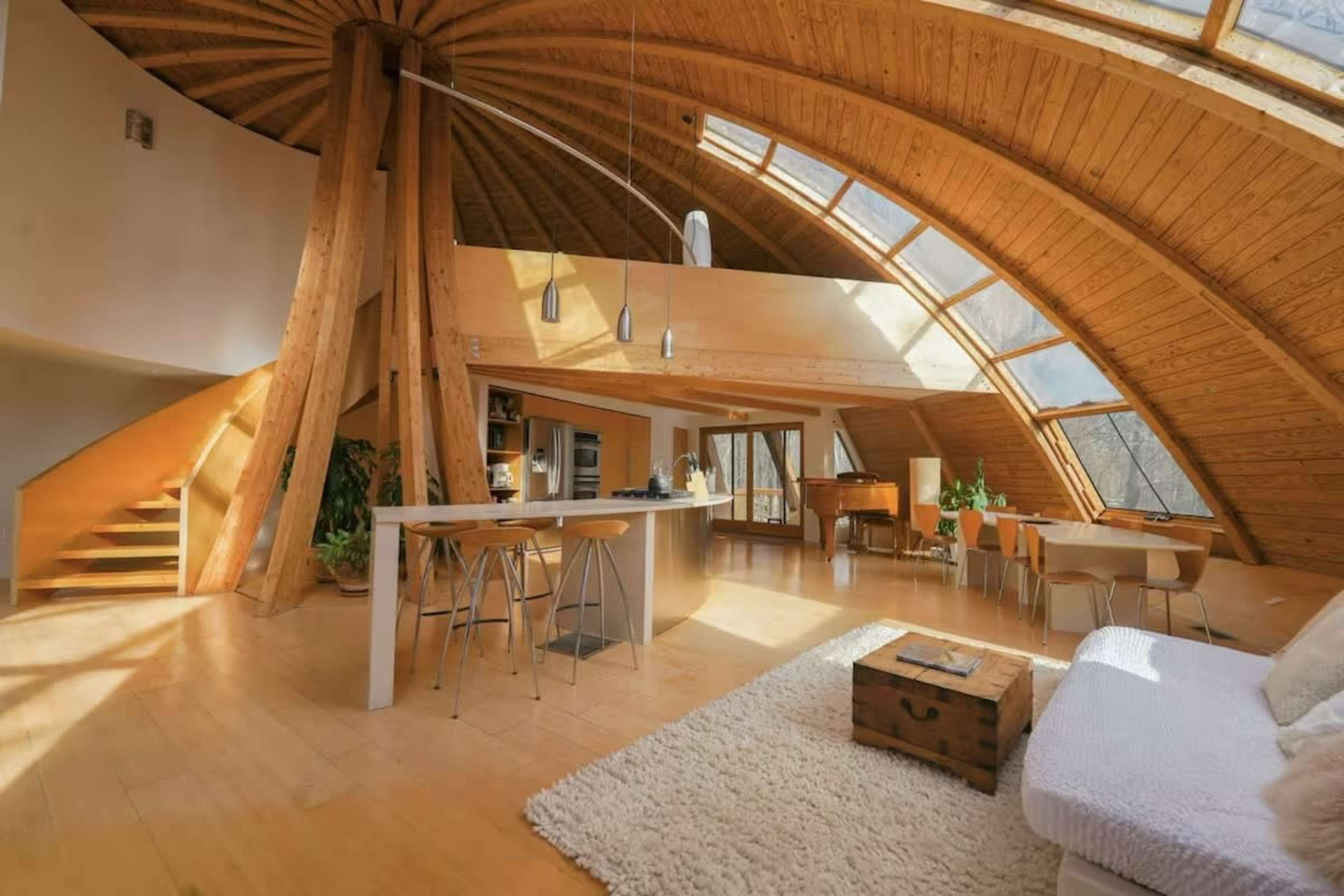 The image shows a modern, wooden interior of a spacious dome-shaped house featuring large windows, a central kitchen island, and an inviting living area.