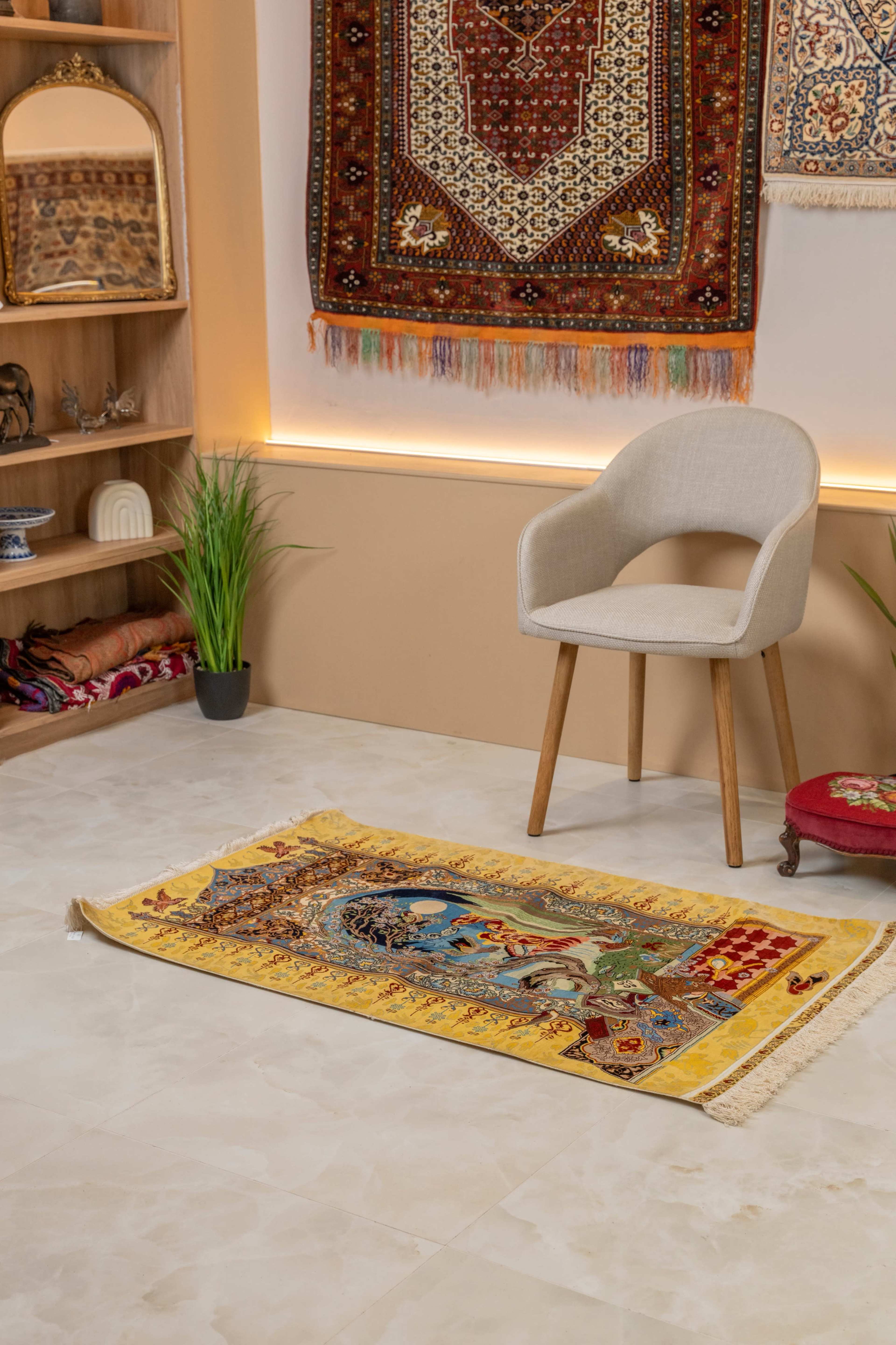 The image features a decorative carpet in a neutral-toned room with a wooden shelf, a chair, and wall-mounted tapestries.