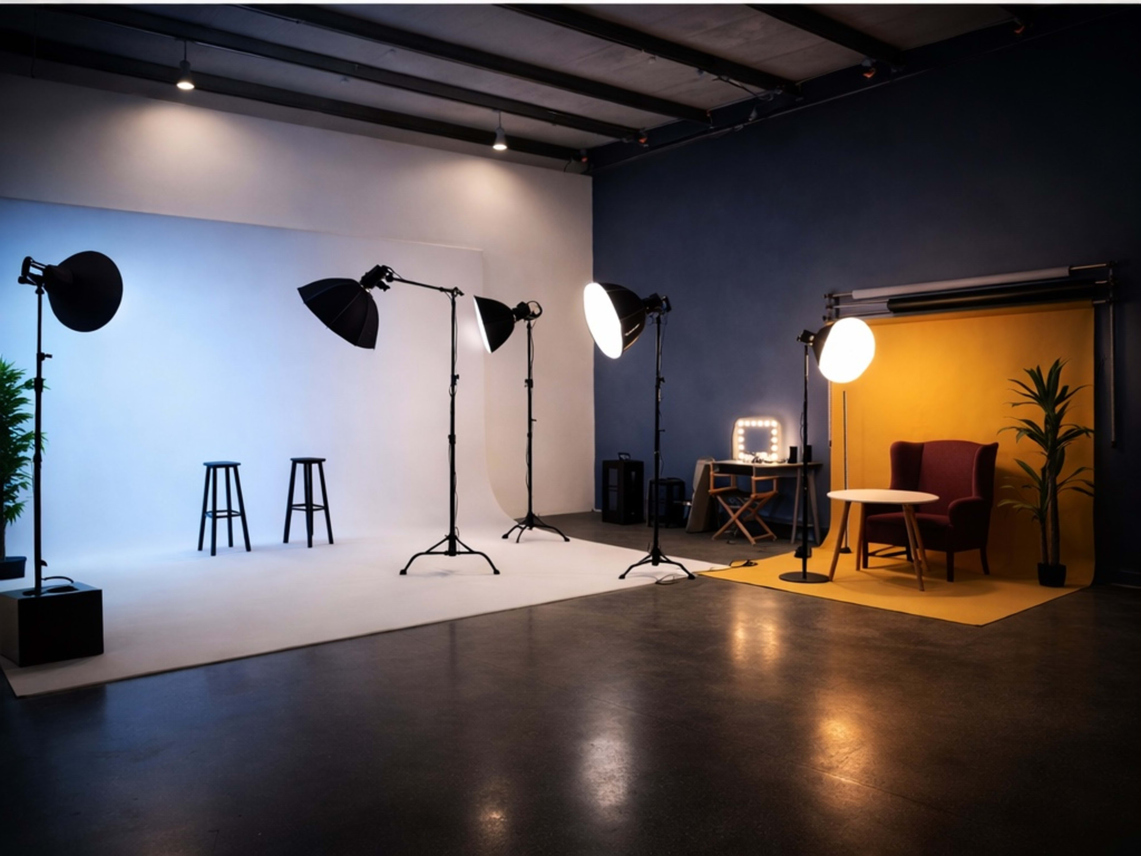 The image shows a photography studio with various lighting setups, including softbox lights, two stools, a chair, and a backdrop featuring both yellow and blue sections.