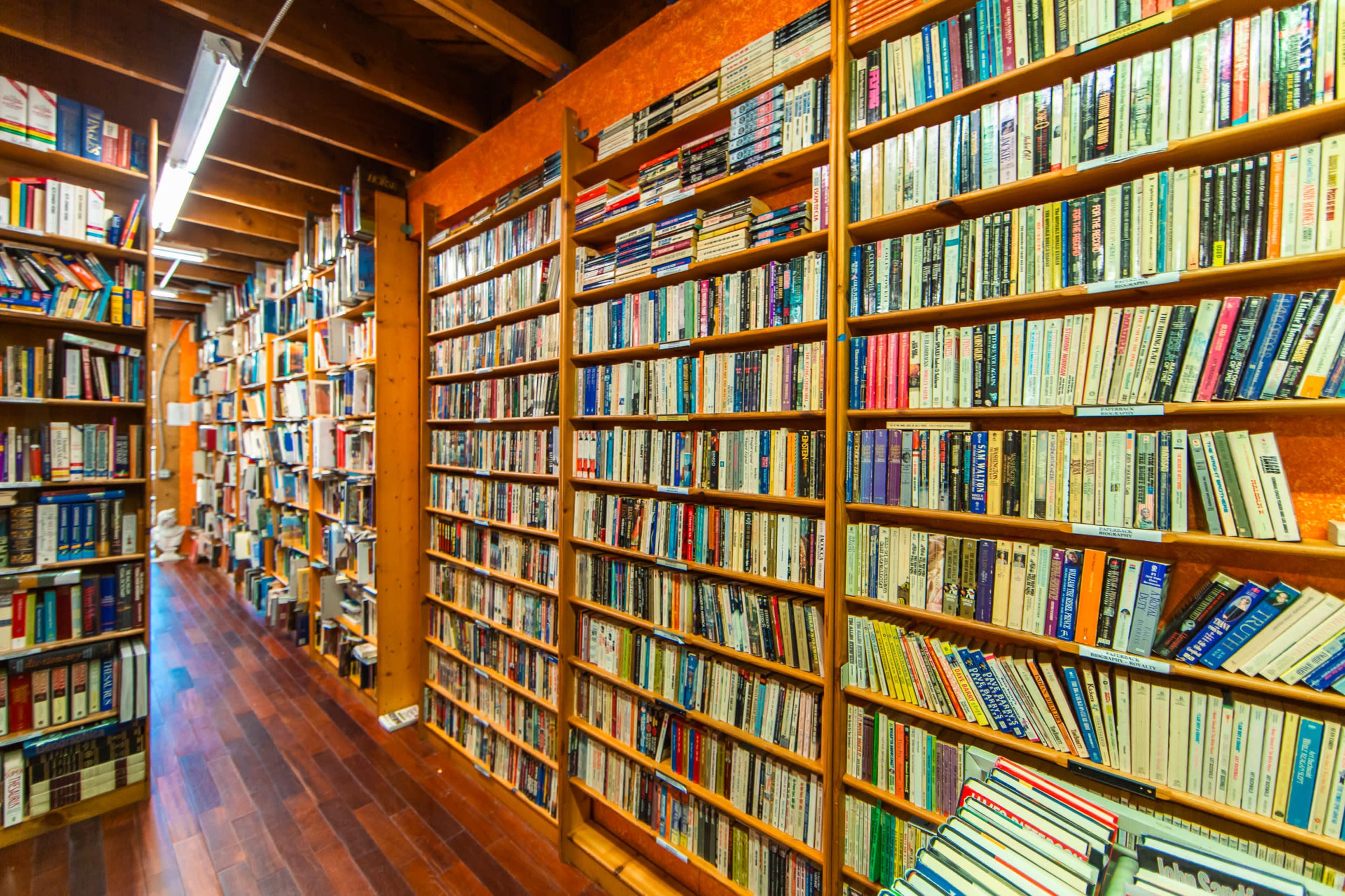 A narrow aisle separates two tall bookshelves lined with numerous books in a cozy library.