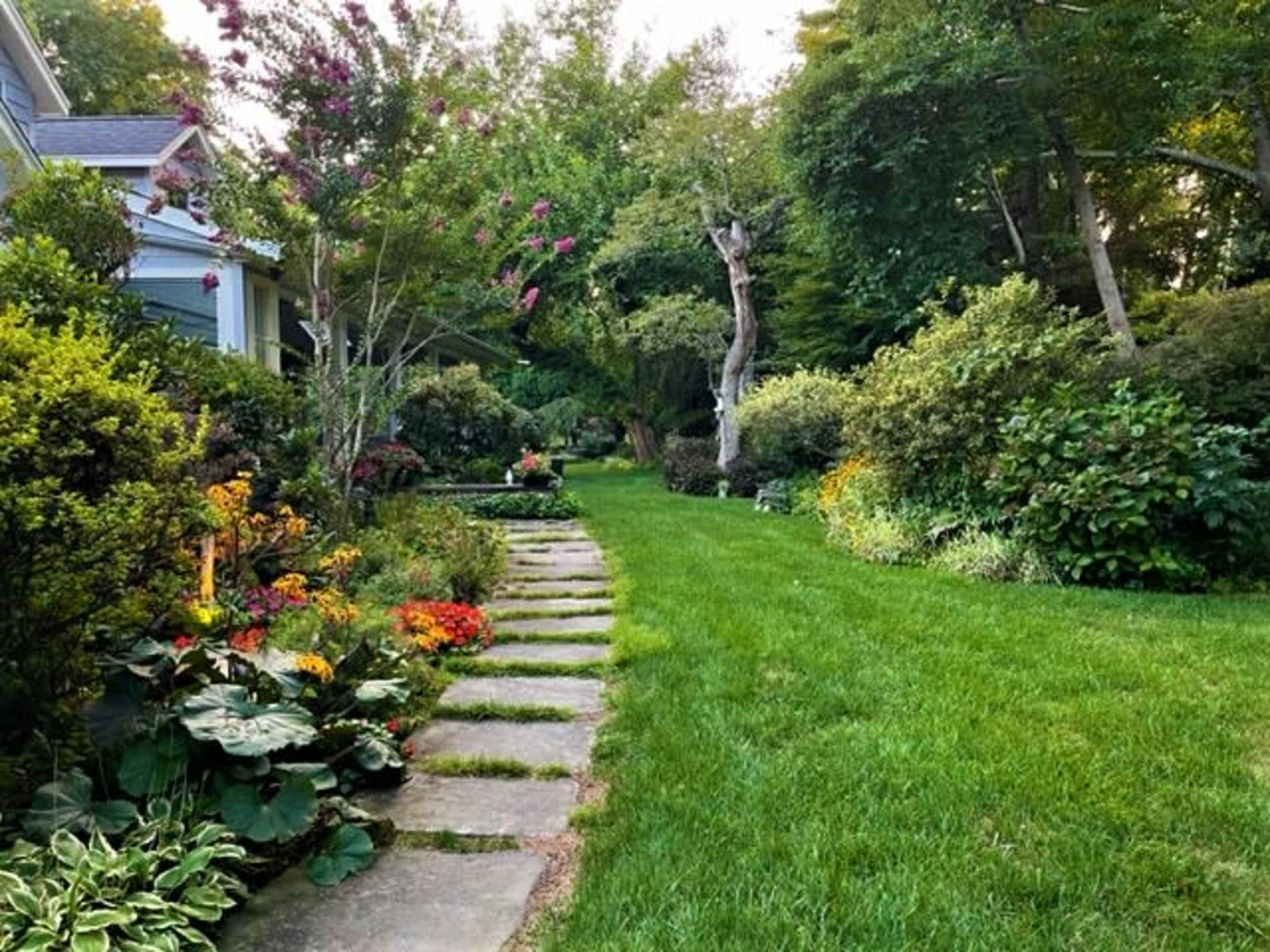 A stone path winds through a lush garden filled with colorful flowers and greenery.