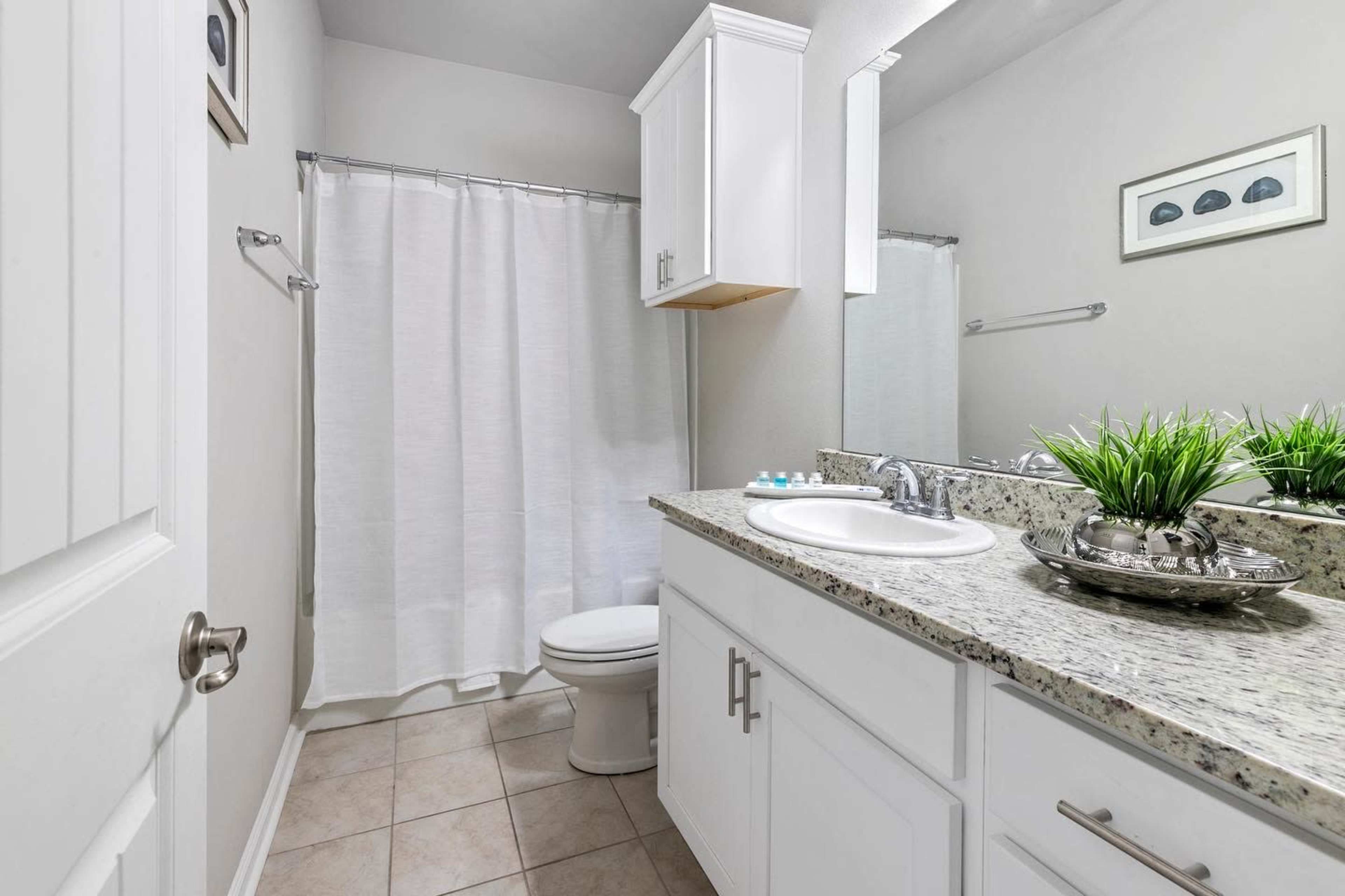 A bathroom featuring a white countertop with a sink, a toilet, a shower curtain, and a small plant on the counter.