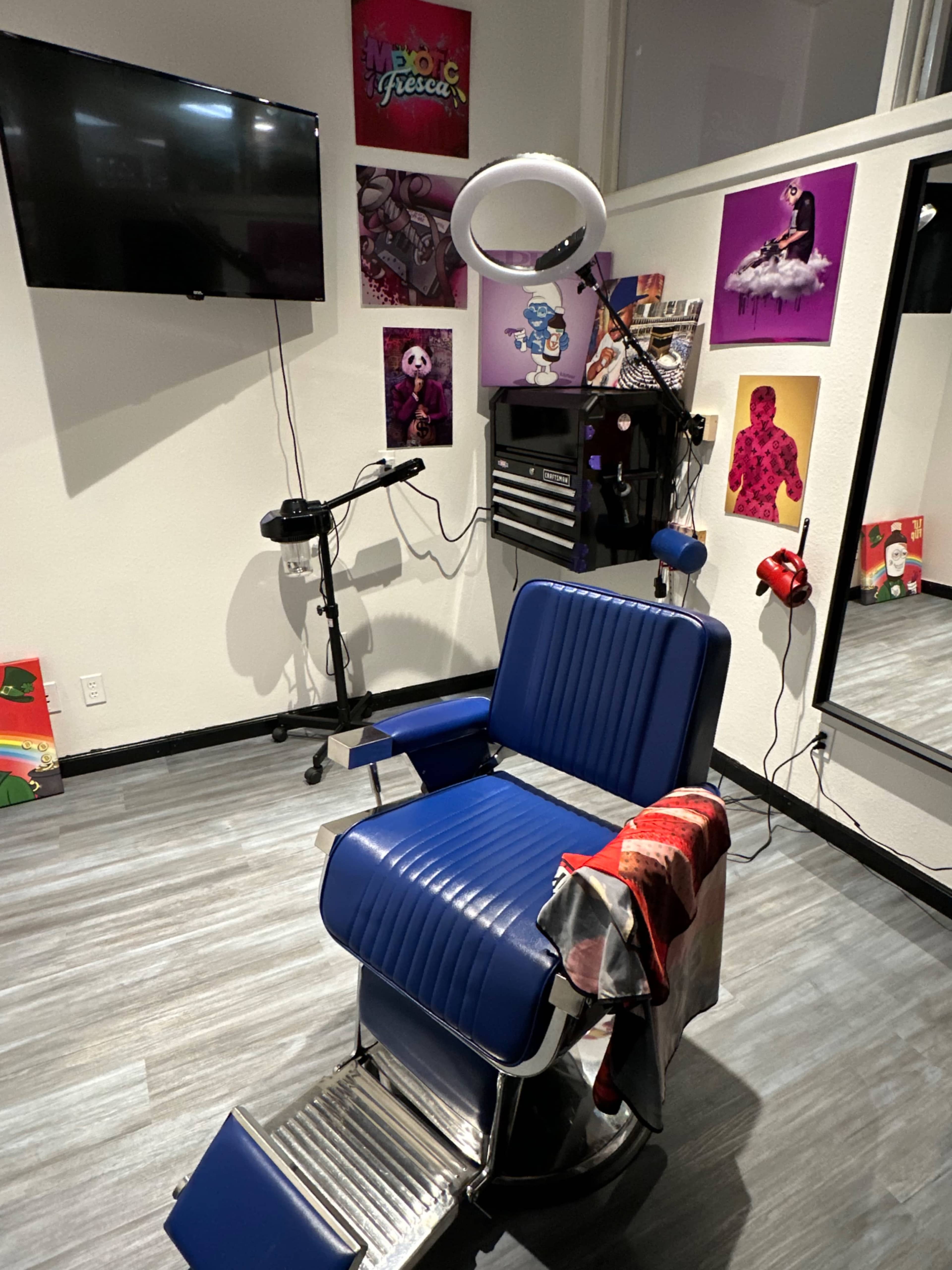 The image shows a hair salon interior with a blue barber chair, a mirror, wall art, and a TV mounted on the wall.