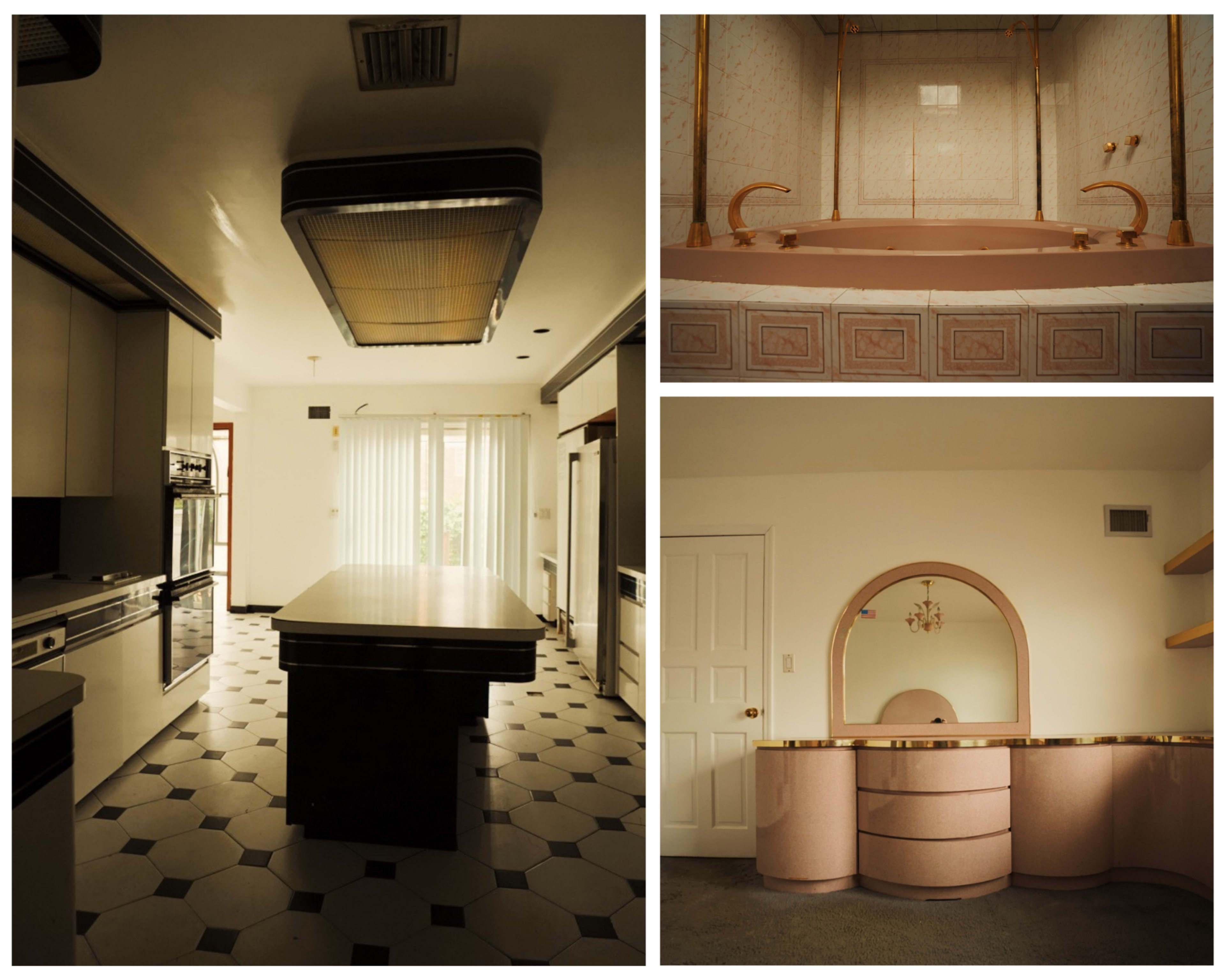 A modern kitchen with a central island, a bathroom with a large pink tub, and a minimalist vanity area, all displaying simple design elements.