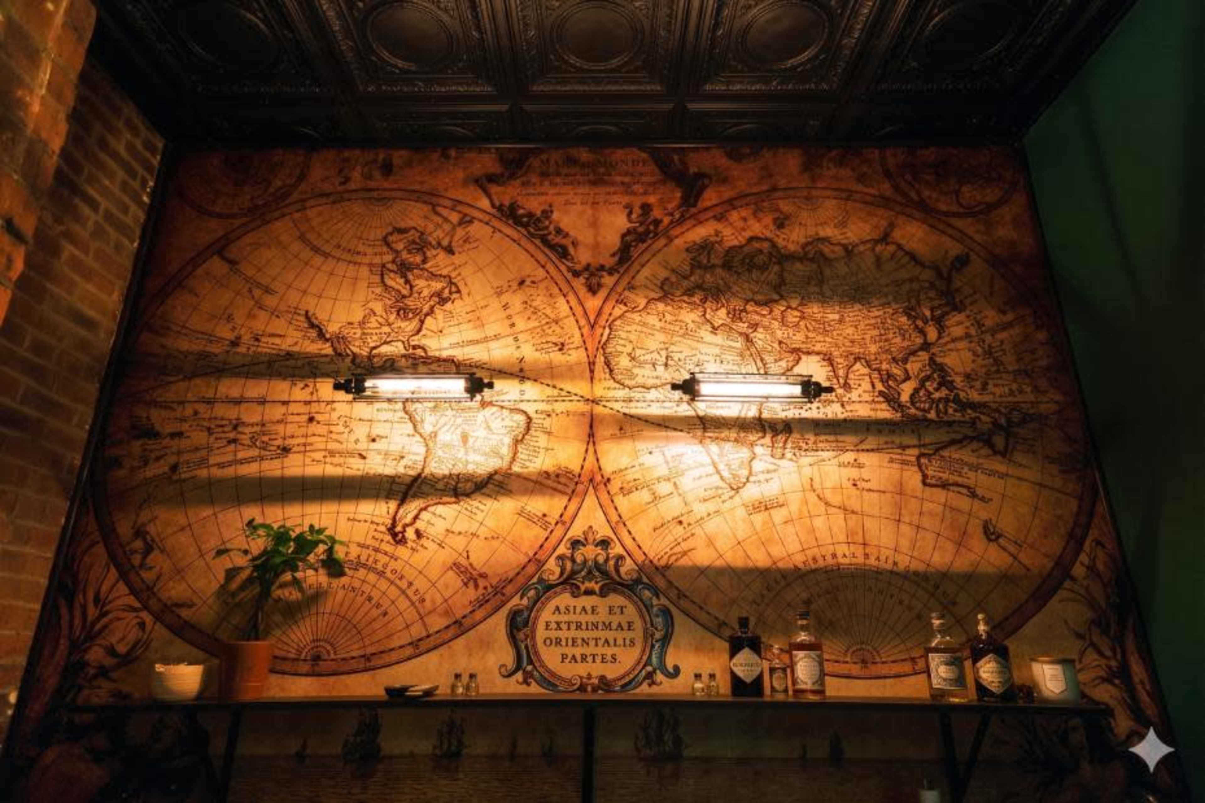 The image features a vintage-style wall mural depicting an old world map, illuminated by two overhead lights, with a small plant and several bottles arranged on a shelf below.