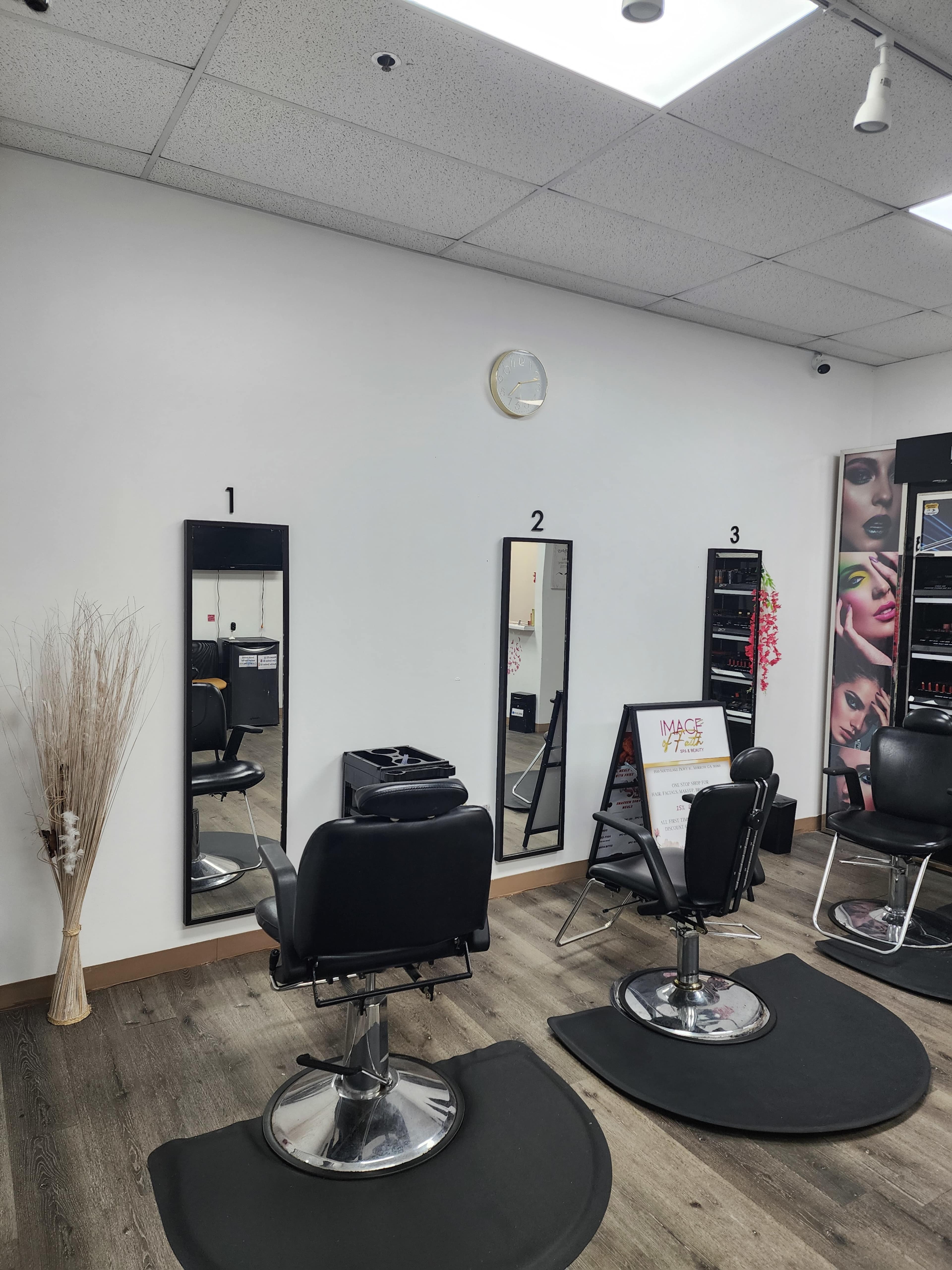The image shows a hair salon interior with three styling stations featuring mirrors and black salon chairs, along with a decorative floor arrangement of dried plants.