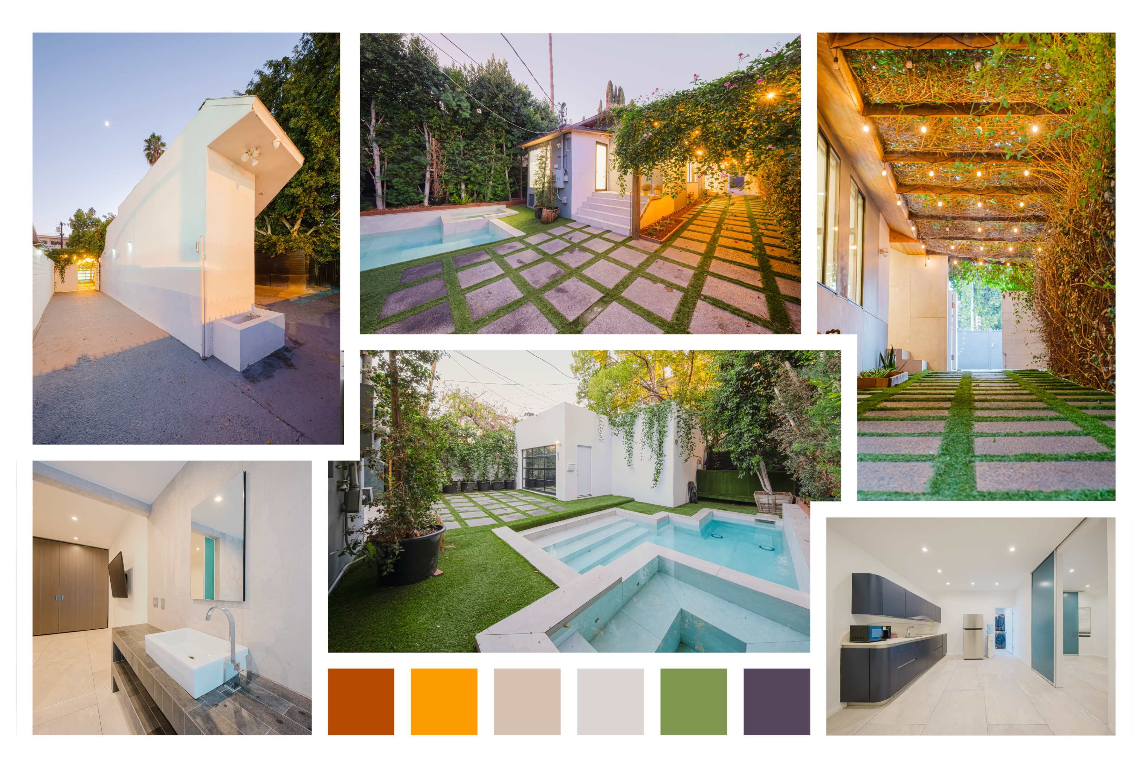 The image showcases a modern house surrounded by greenery, featuring a pool, a landscaped yard with geometric pathways, and several interior and exterior views of the property.