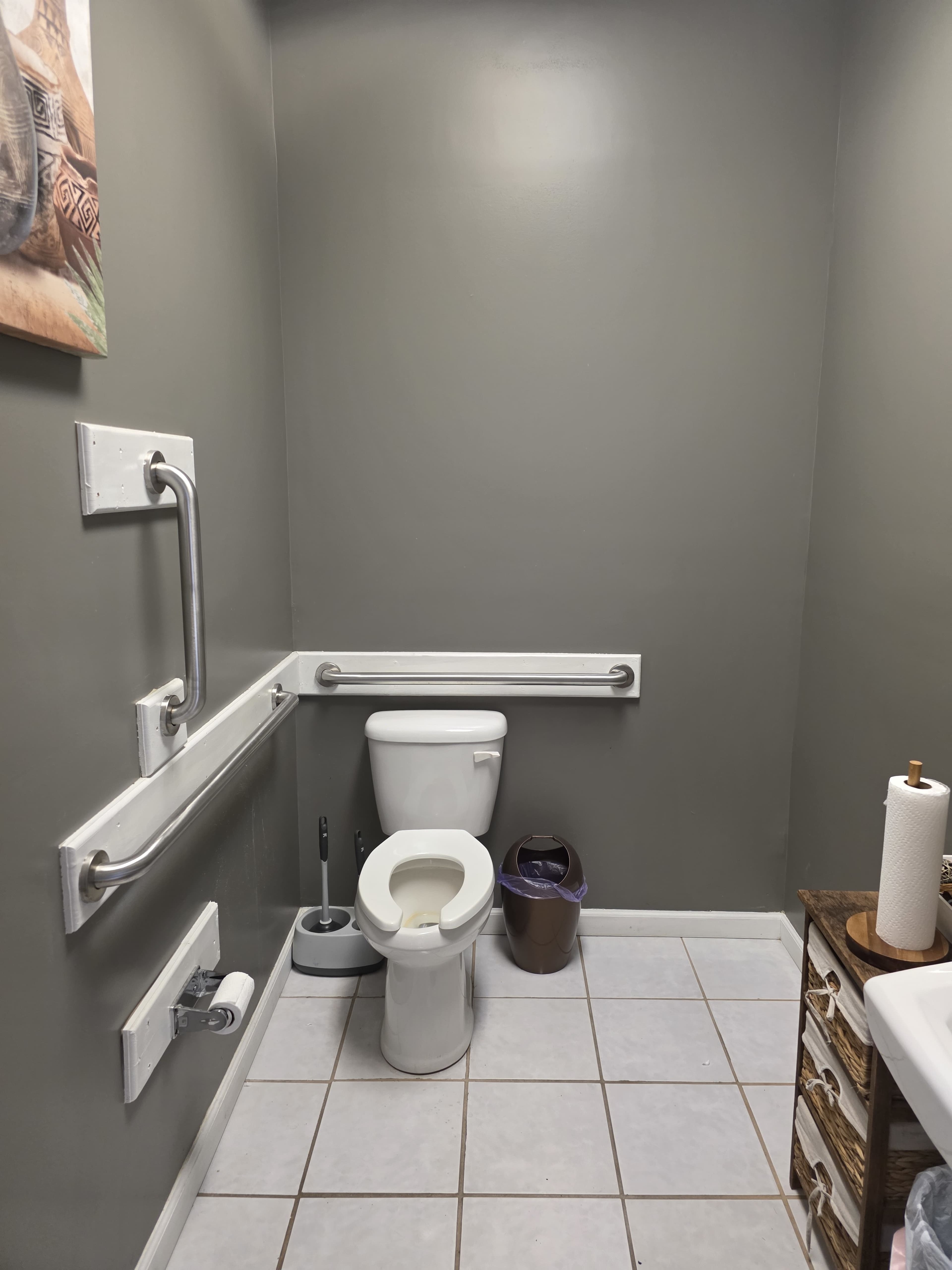 The image shows a small bathroom with a toilet, grab bars on the walls, a toilet brush holder, and a wastebasket.