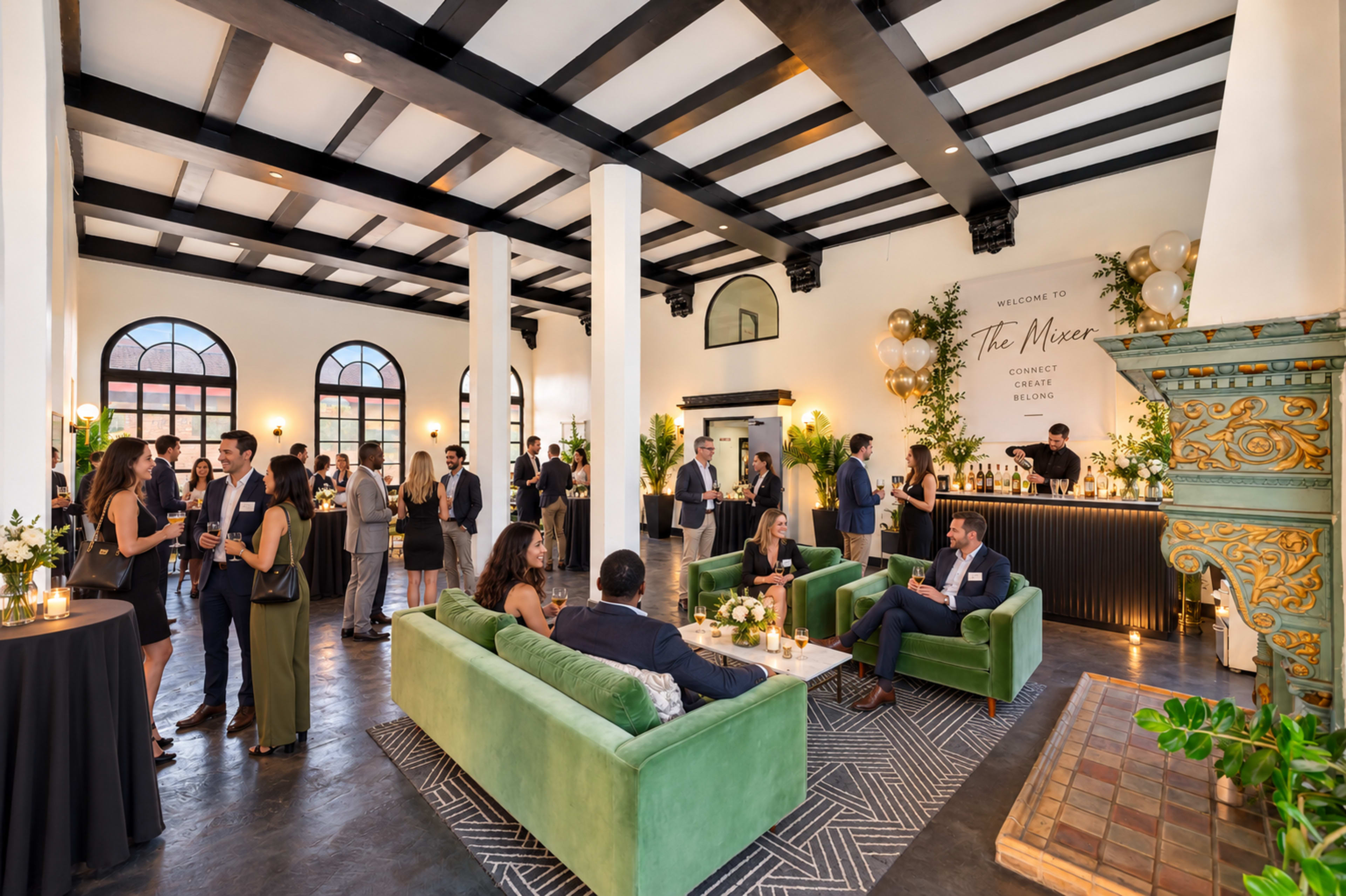 The image shows a stylishly decorated indoor event space with guests mingling, modern furniture, and a bar area adorned with balloons and greenery.