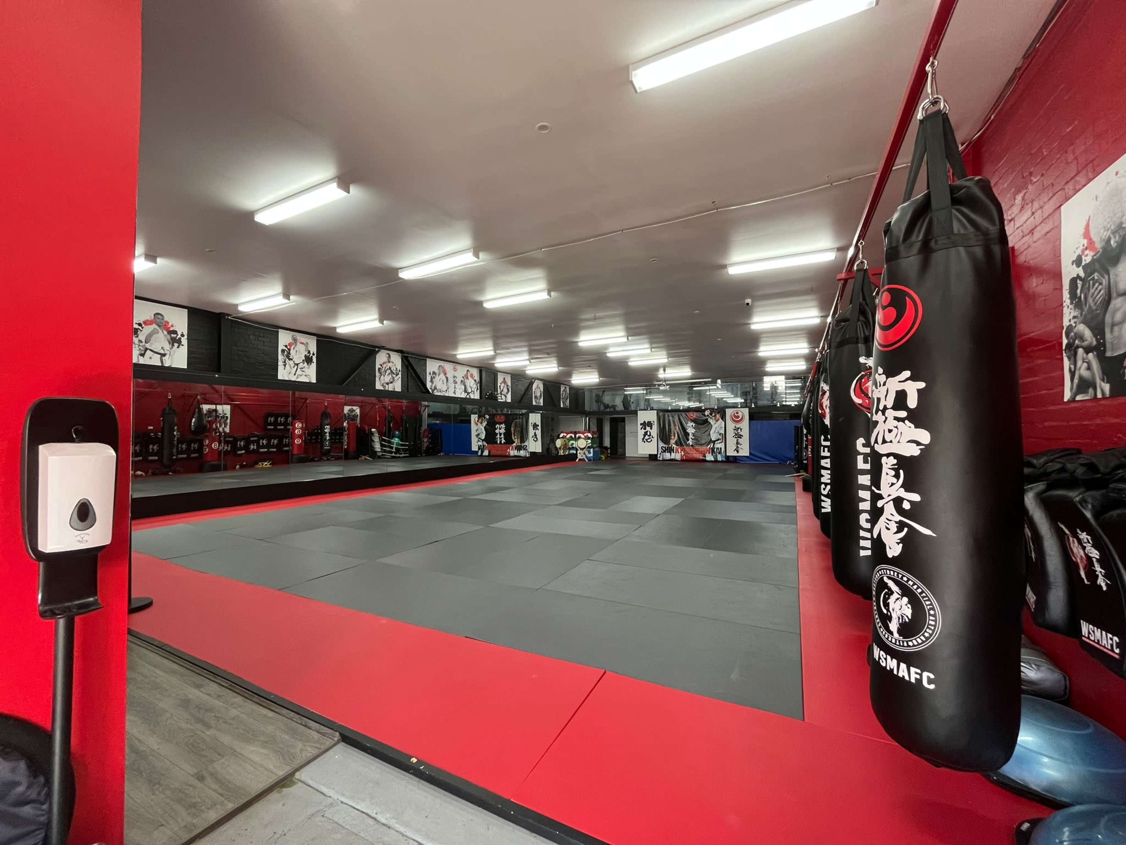The image shows an indoor martial arts studio featuring a matted training area surrounded by punching bags and wall-mounted equipment.