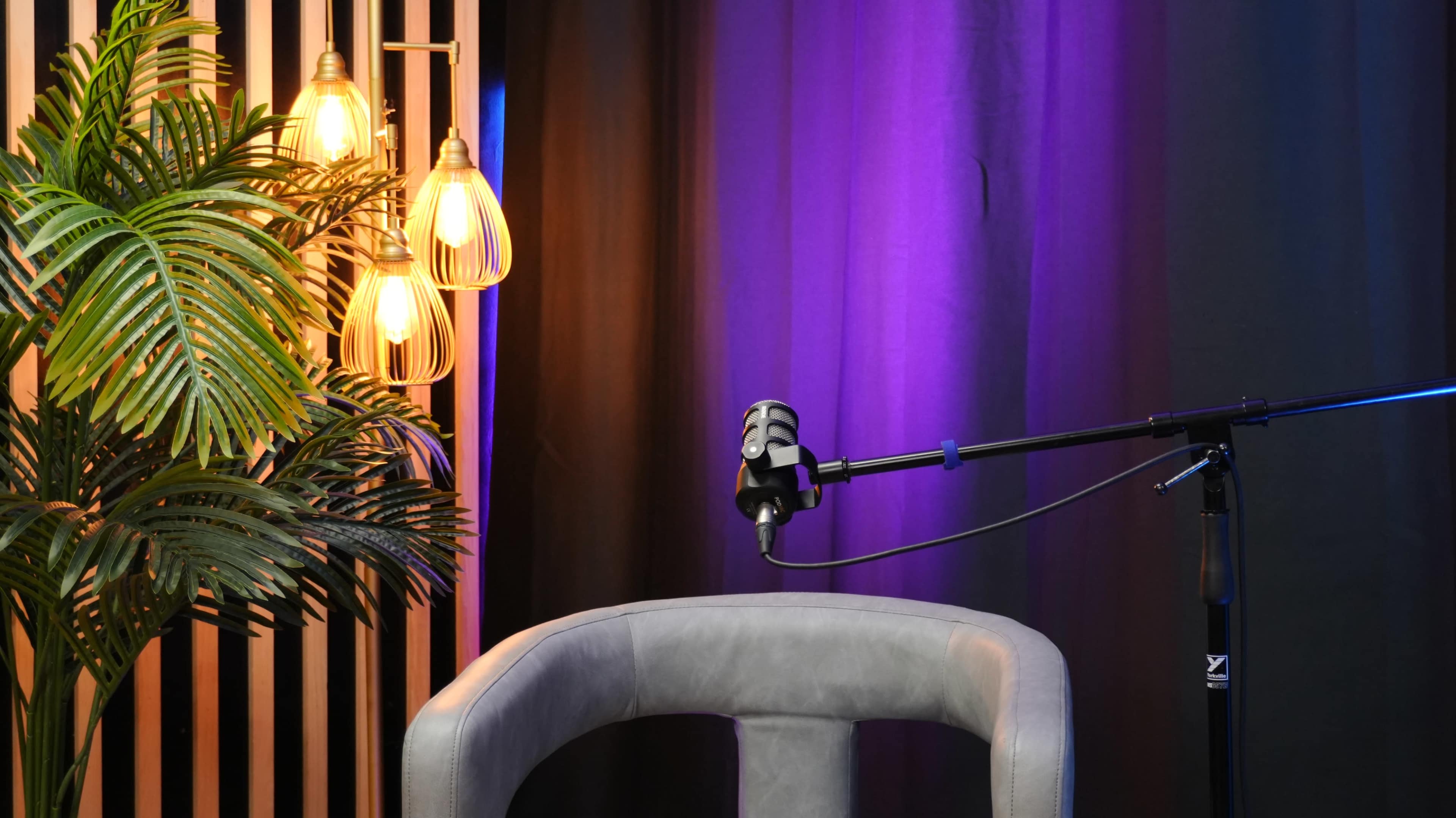 The image features a softly lit studio setup with a microphone on a stand, a plush chair, and decorative string lights alongside a leafy plant.
