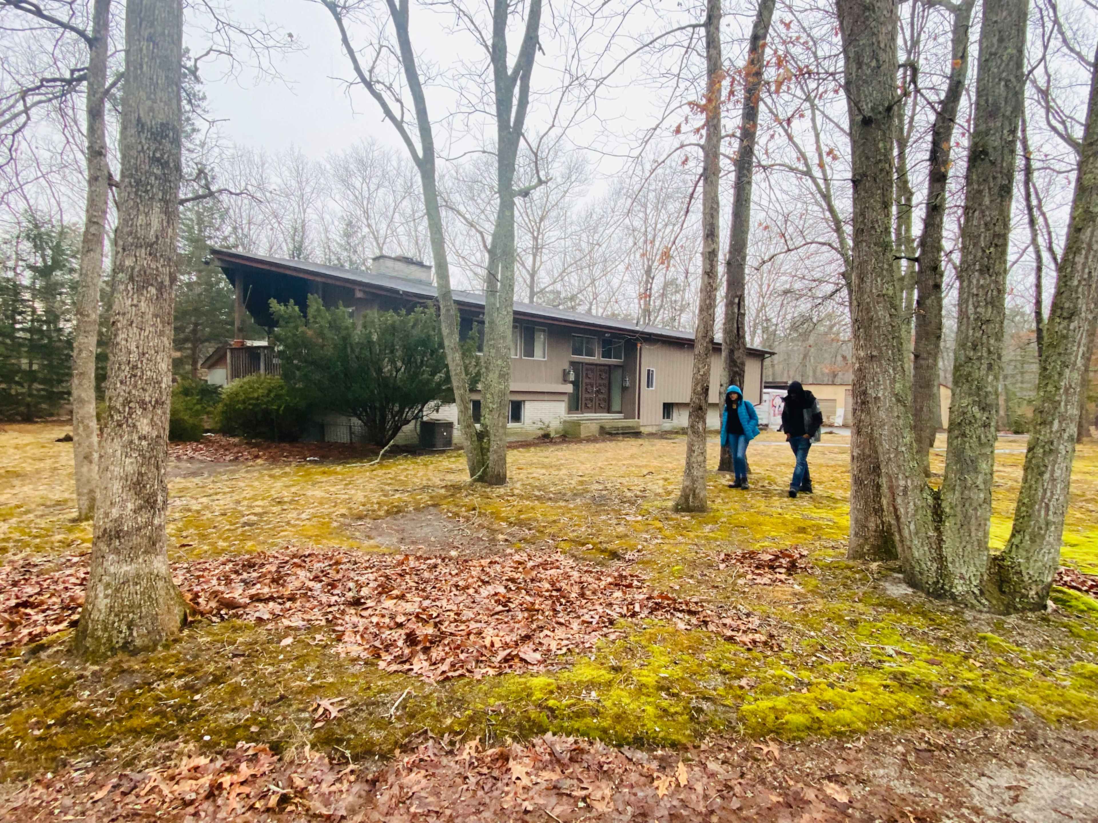 A modern house is surrounded by trees and a yard covered in leaves, with two people walking nearby.