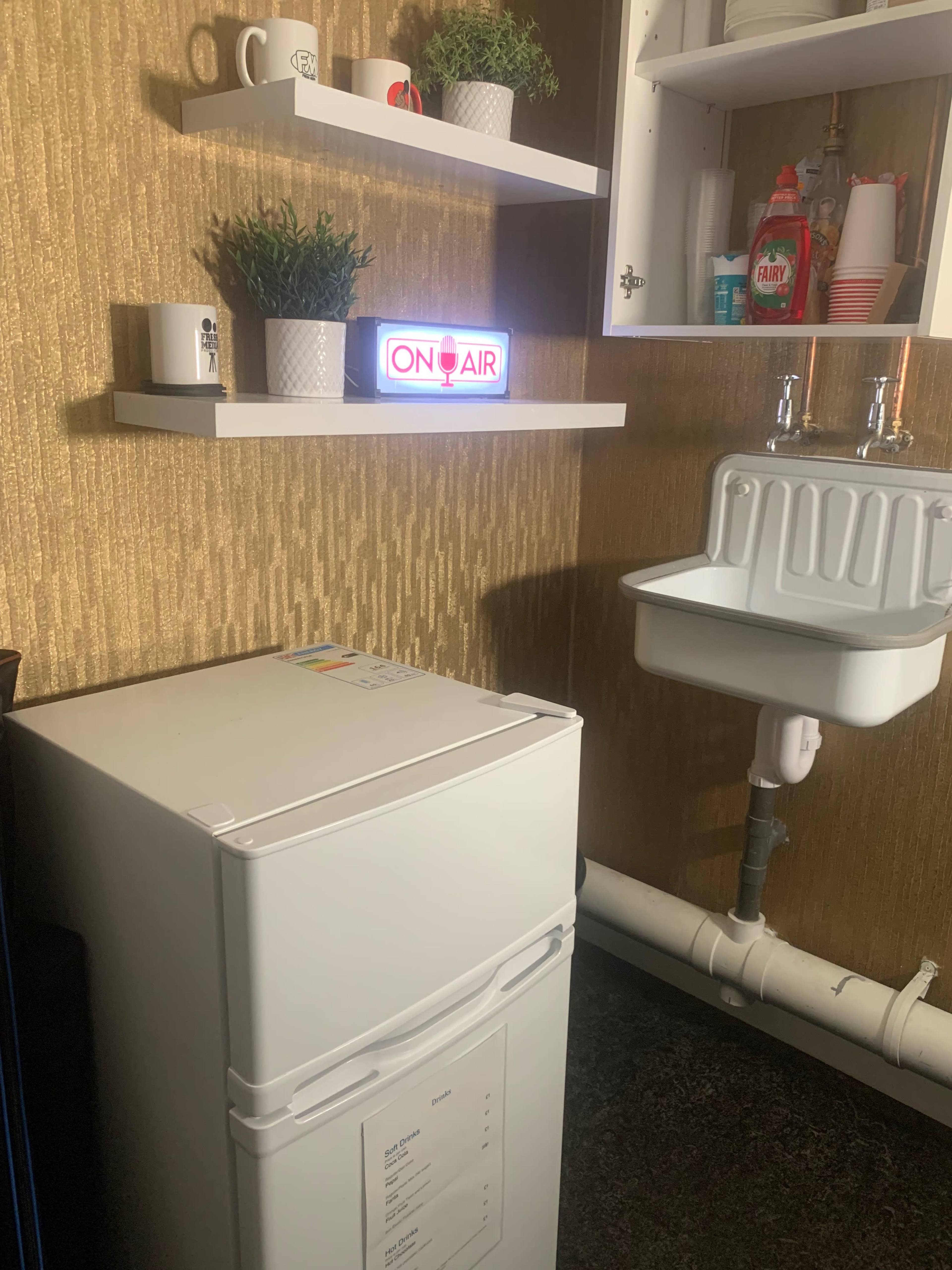 A white refrigerator stands next to a sink and wall shelves adorned with potted plants and various items in a room with gold wallpaper.