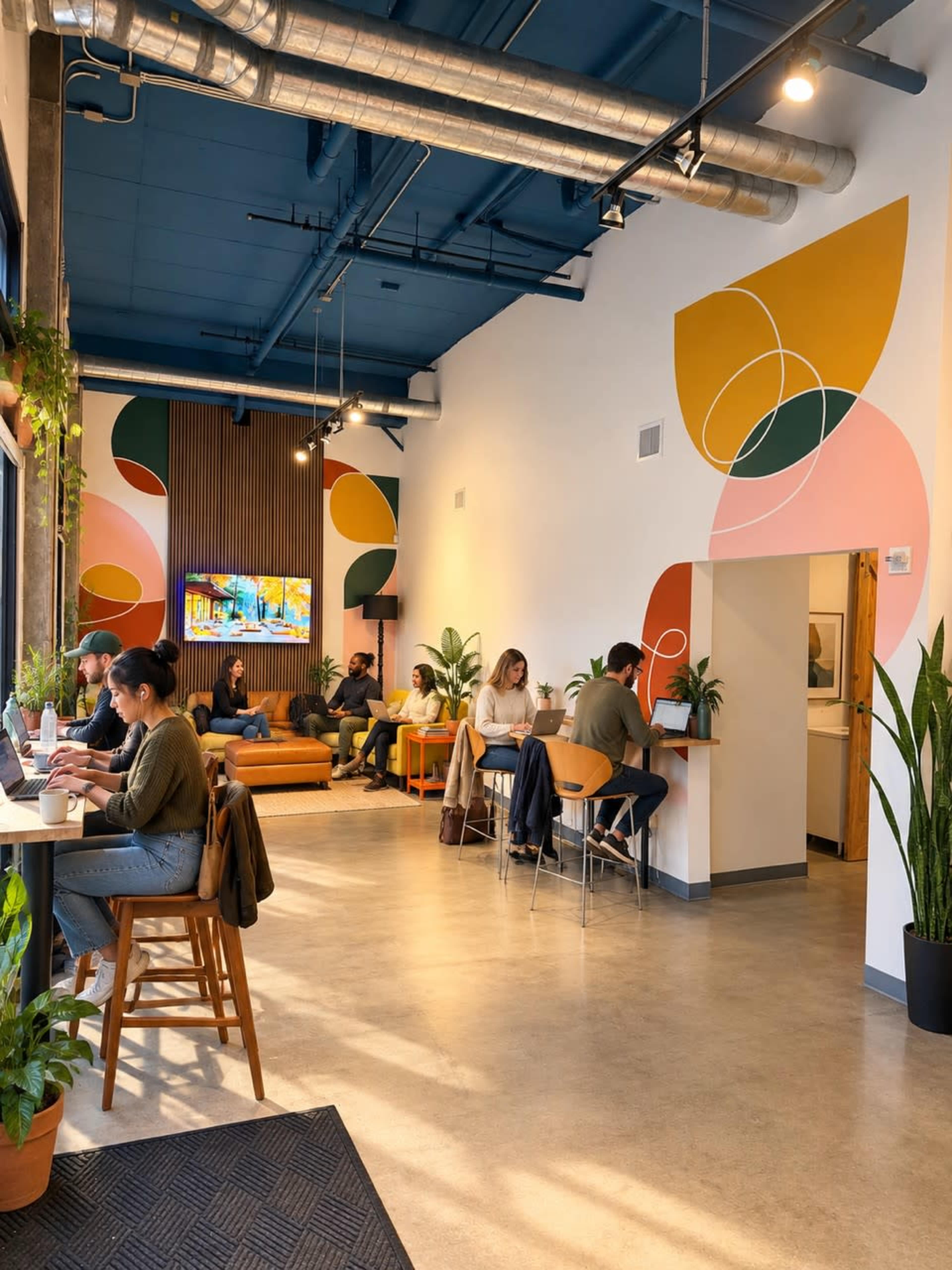 The image shows a modern coworking space with people working at tables and a lounge area, featuring colorful wall murals and various indoor plants.