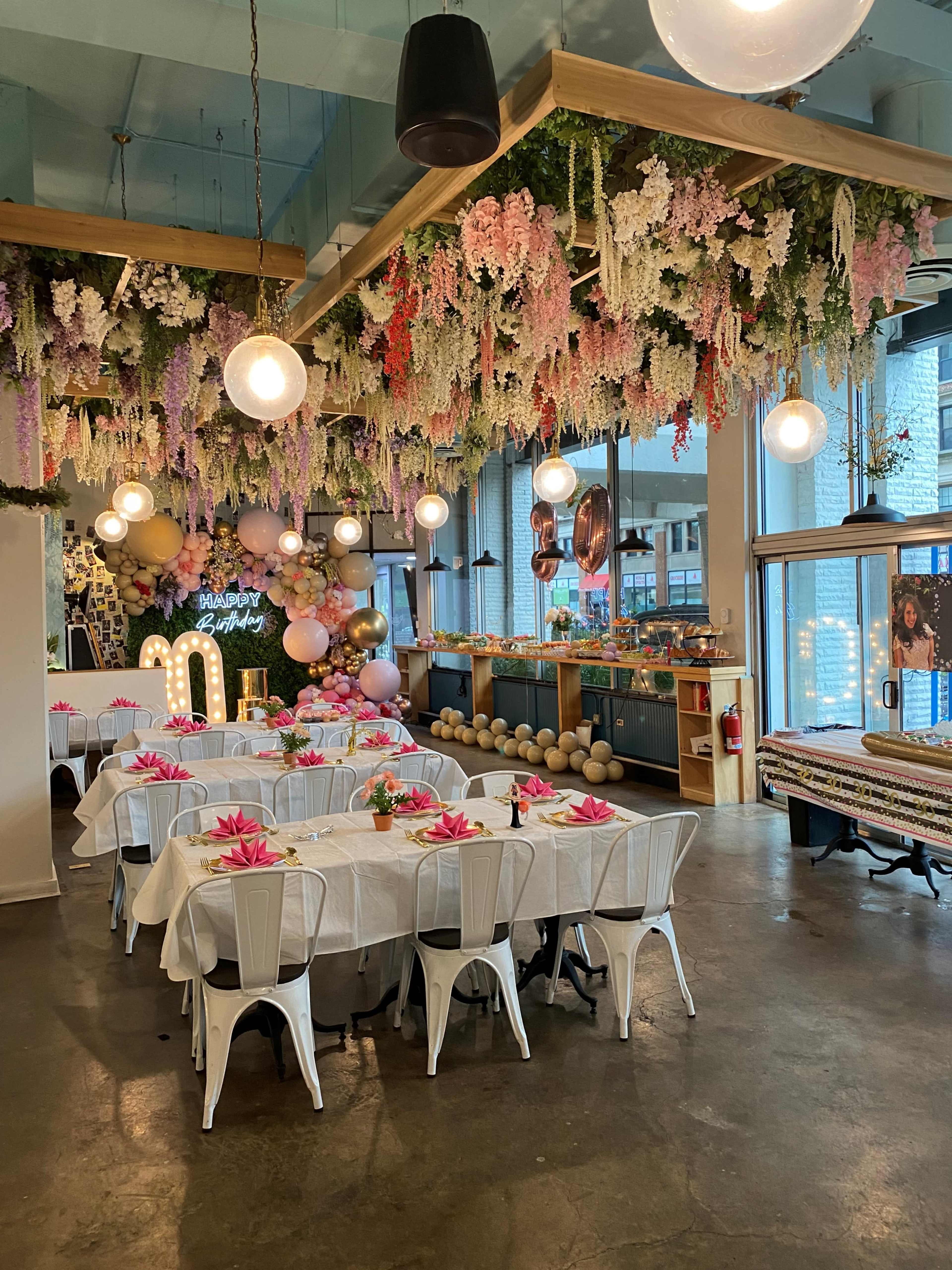 Restaurant Space with Hanging Flower Garden Image in Lake View, Chicago, IL