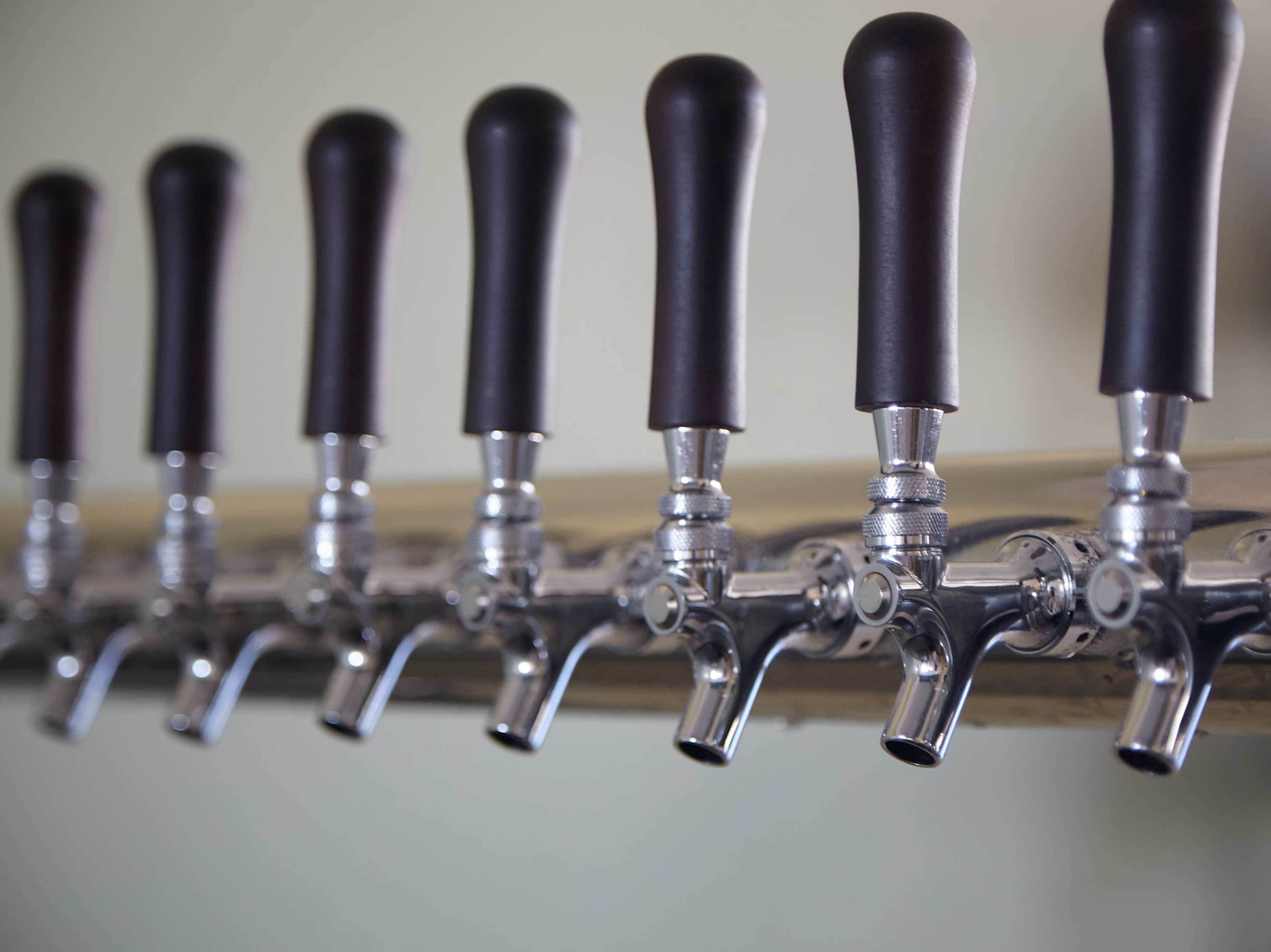 A row of polished beer taps with black handles is mounted on a metal bar.