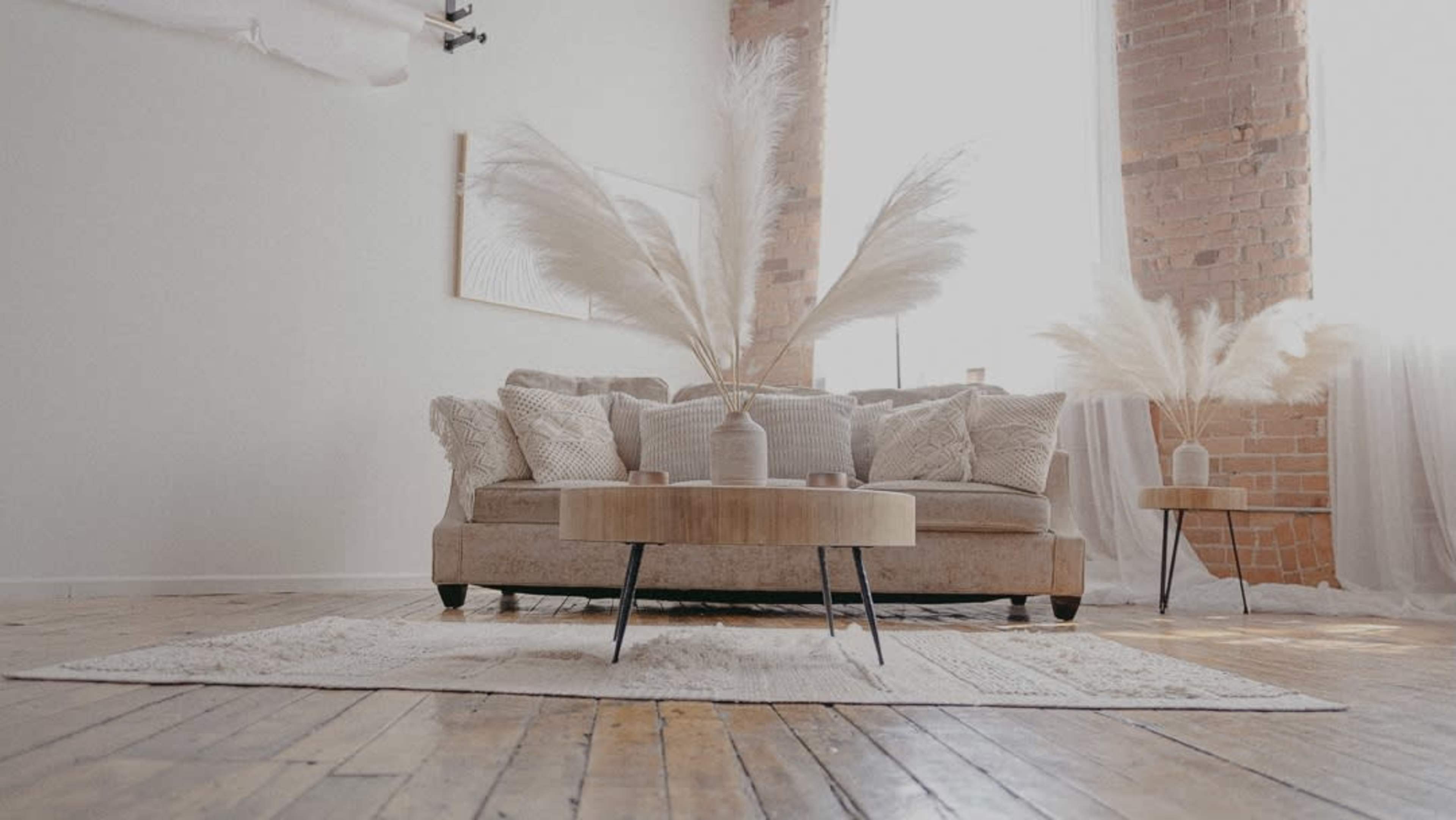 A living room features a beige sofa with decorative pillows, a wooden coffee table holding a vase with tall dried plants, and a plush area rug on a wooden floor.