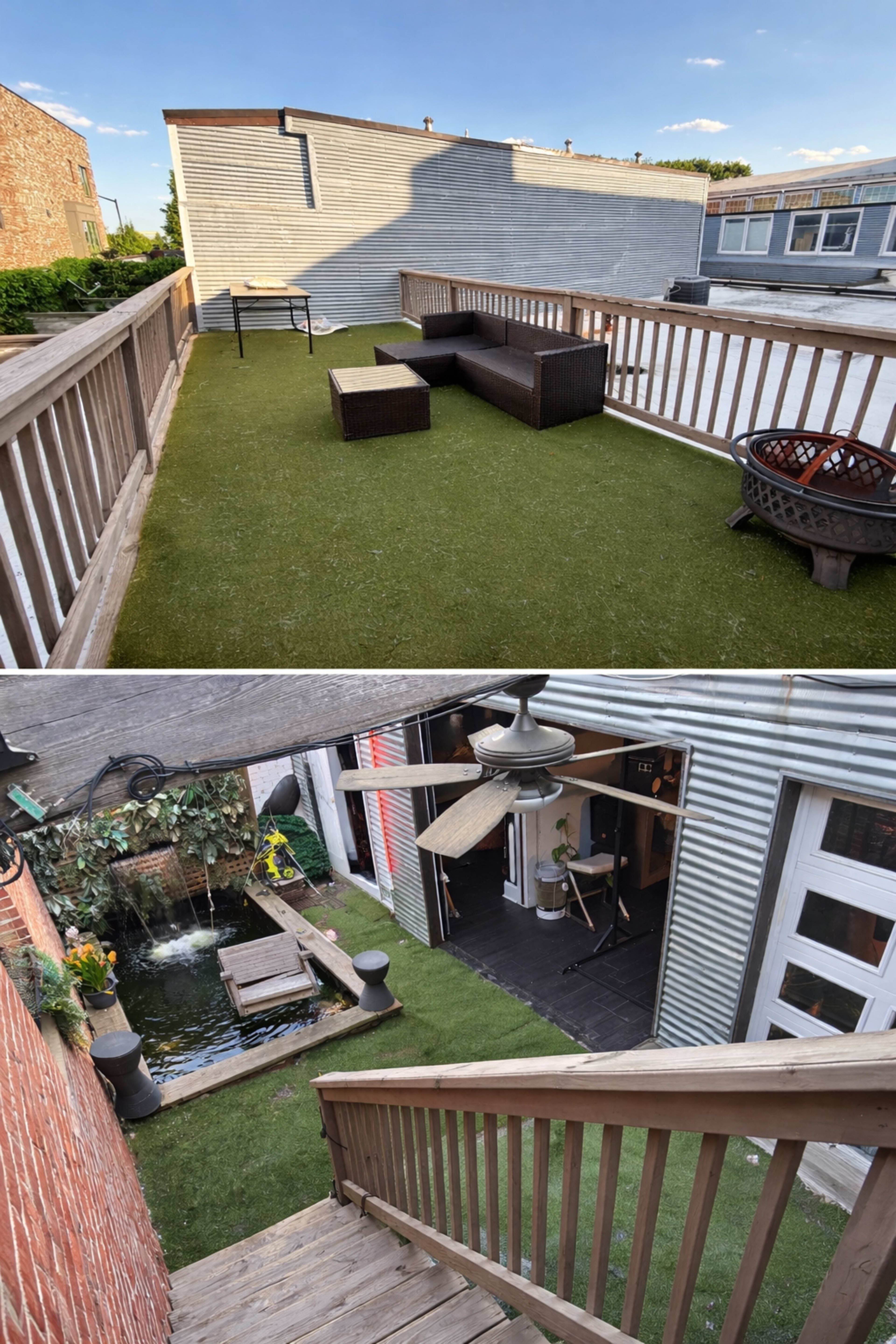The image shows two outdoor spaces: the top features a rooftop patio with artificial grass and a seating area, while the bottom displays a small courtyard with a pond and access to an indoor area.