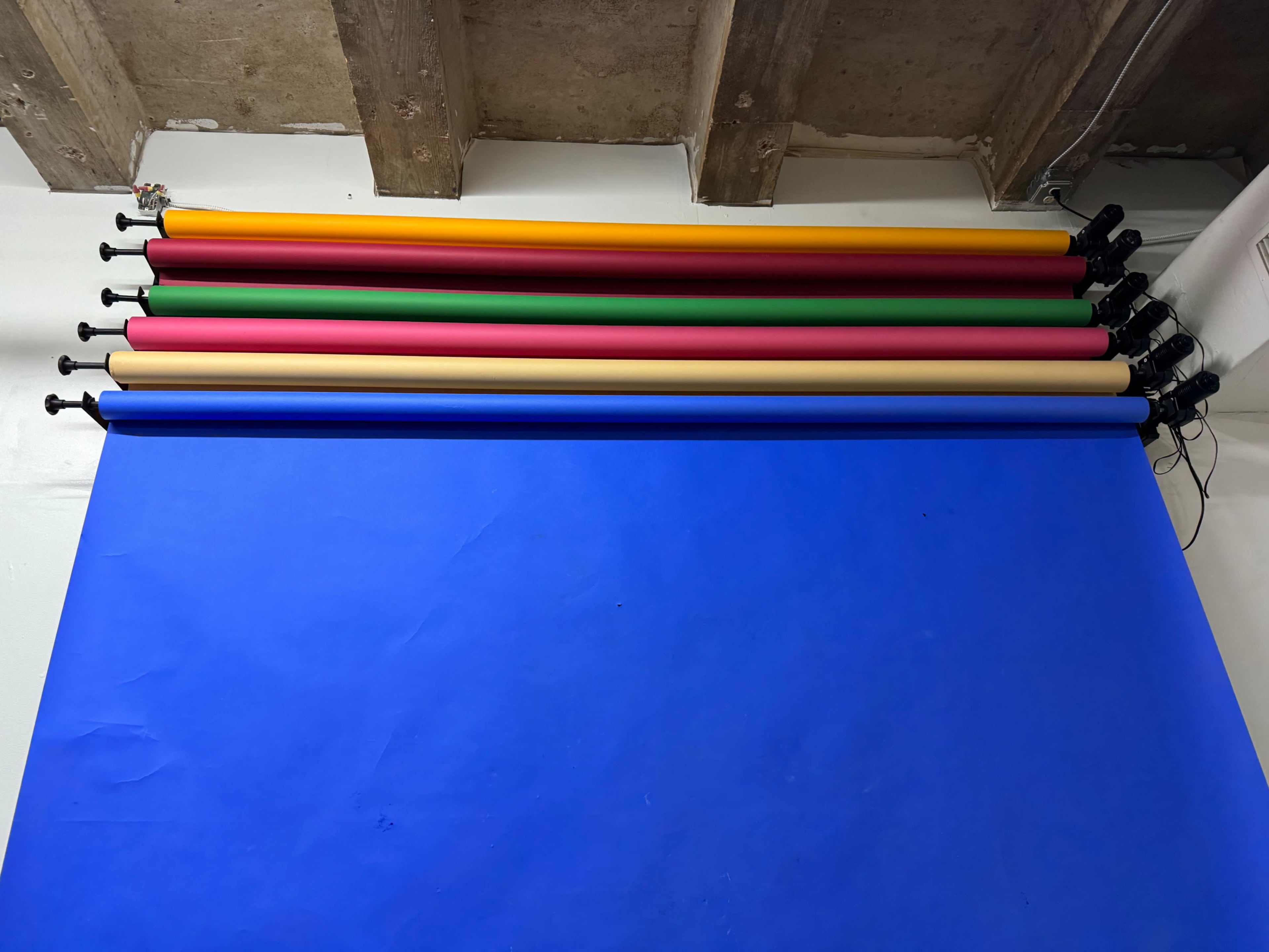 Several rolls of colored backdrop paper mounted on a wall above a blue backdrop.