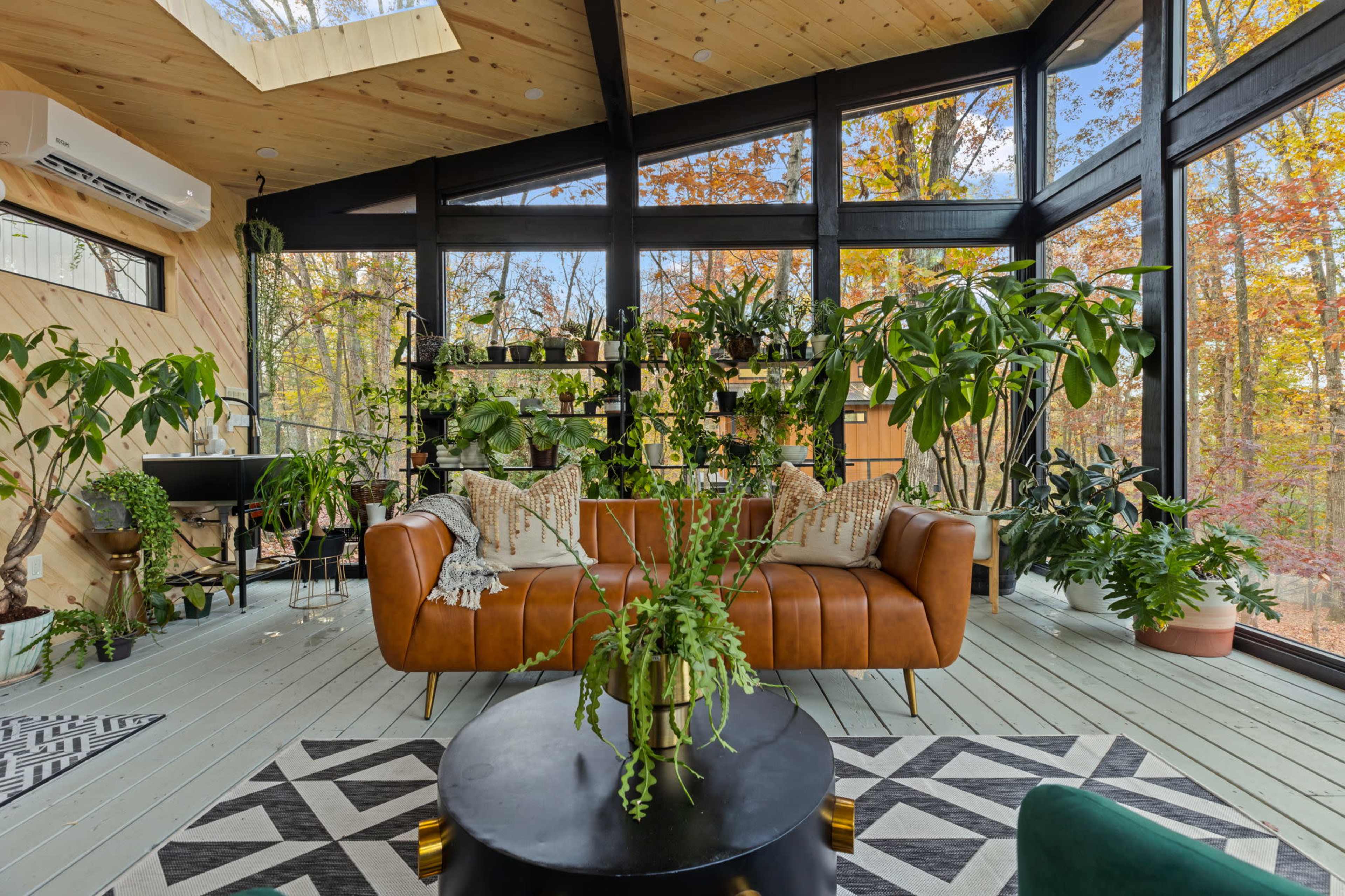 A modern sunroom filled with plants, featuring a leather sofa, a black circular coffee table, and large windows that overlook a forested area with autumn foliage.