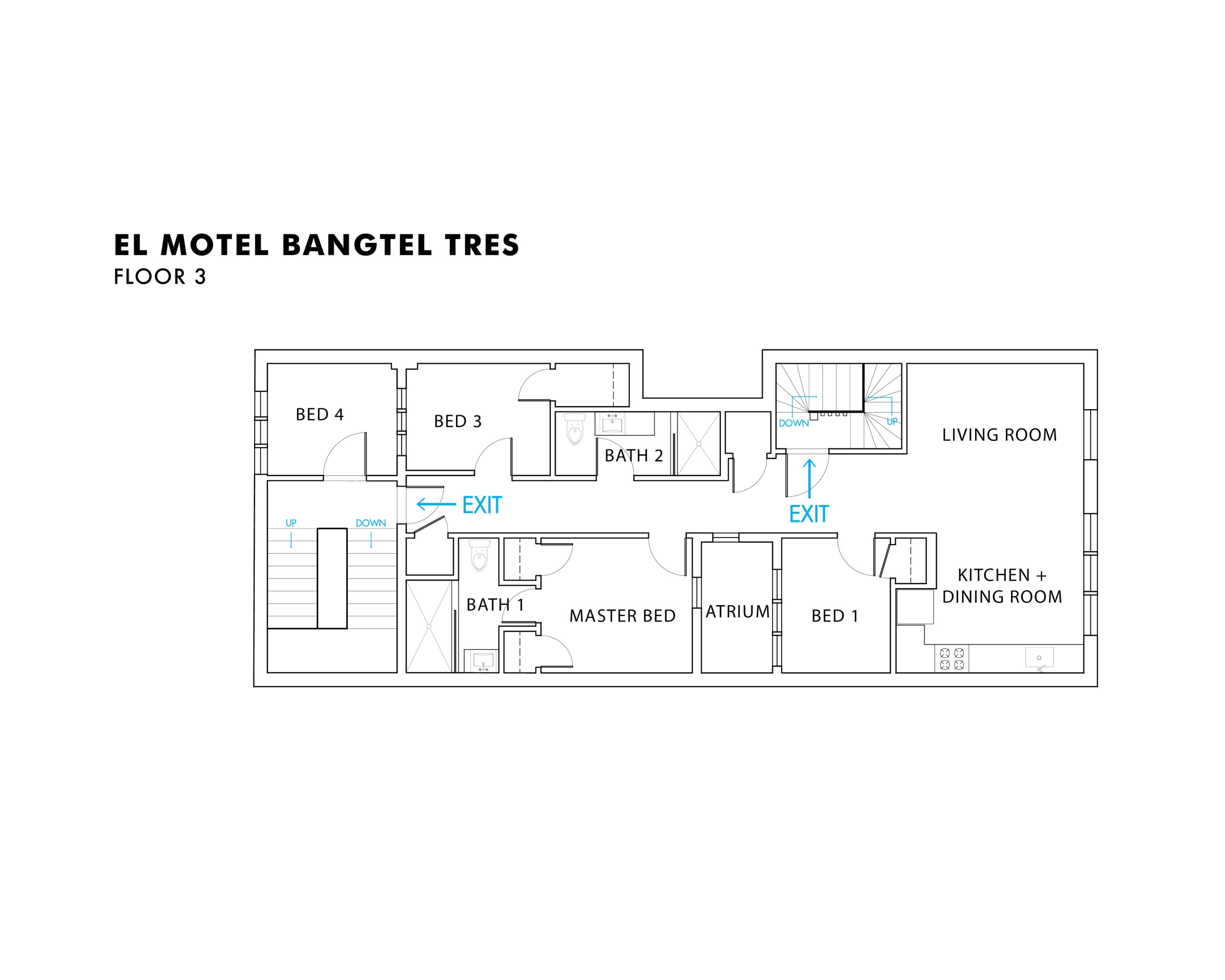 The image shows a floor plan of the third level of "El Motel Bangtel Tres," featuring labeled rooms including bedrooms, bathrooms, a living room, and a kitchen with a dining area.