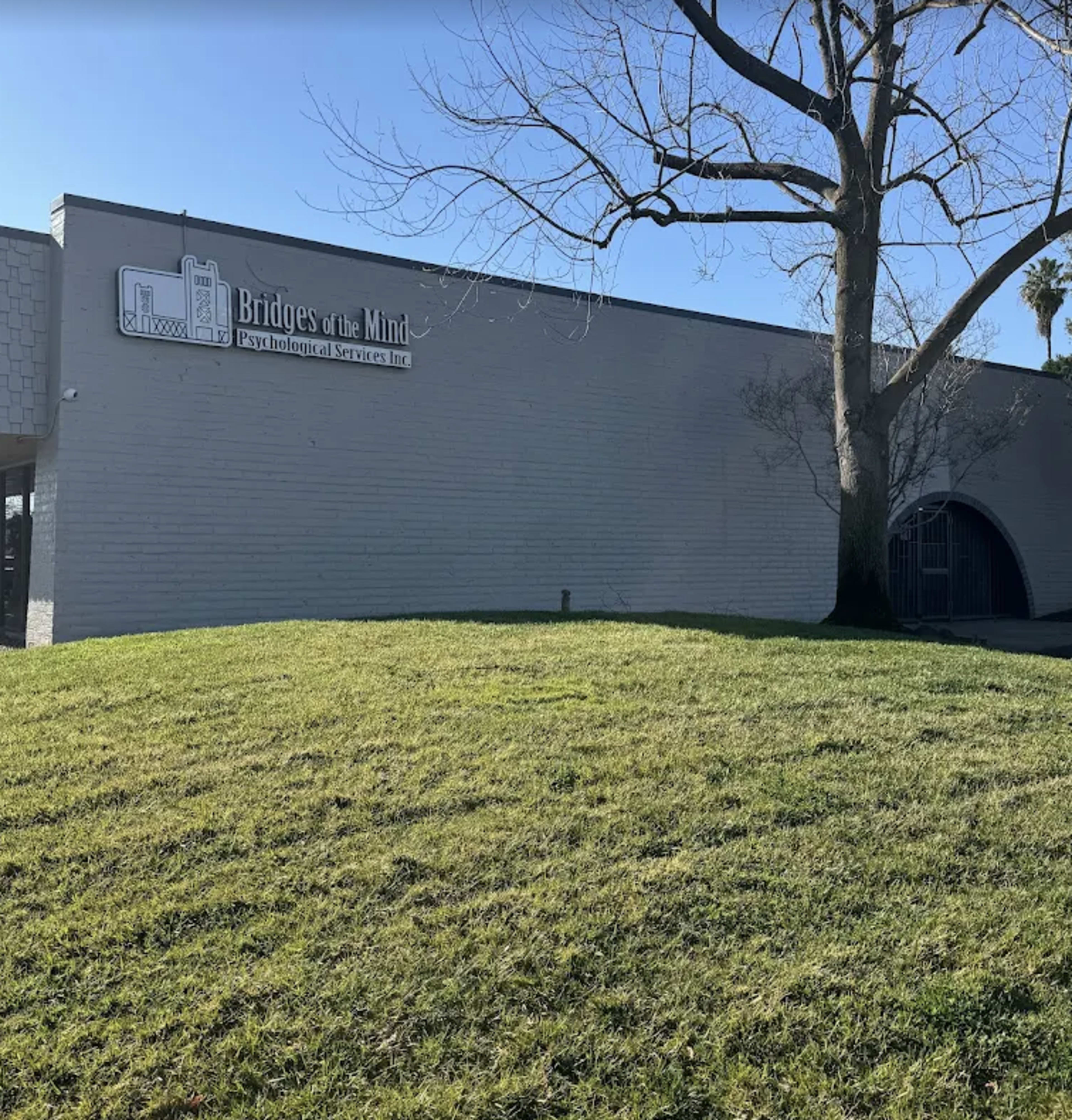 The image shows a building with the sign "Bridges of the Mind Psychological Services Inc." on its exterior, set against a grassy hillside and a clear blue sky.