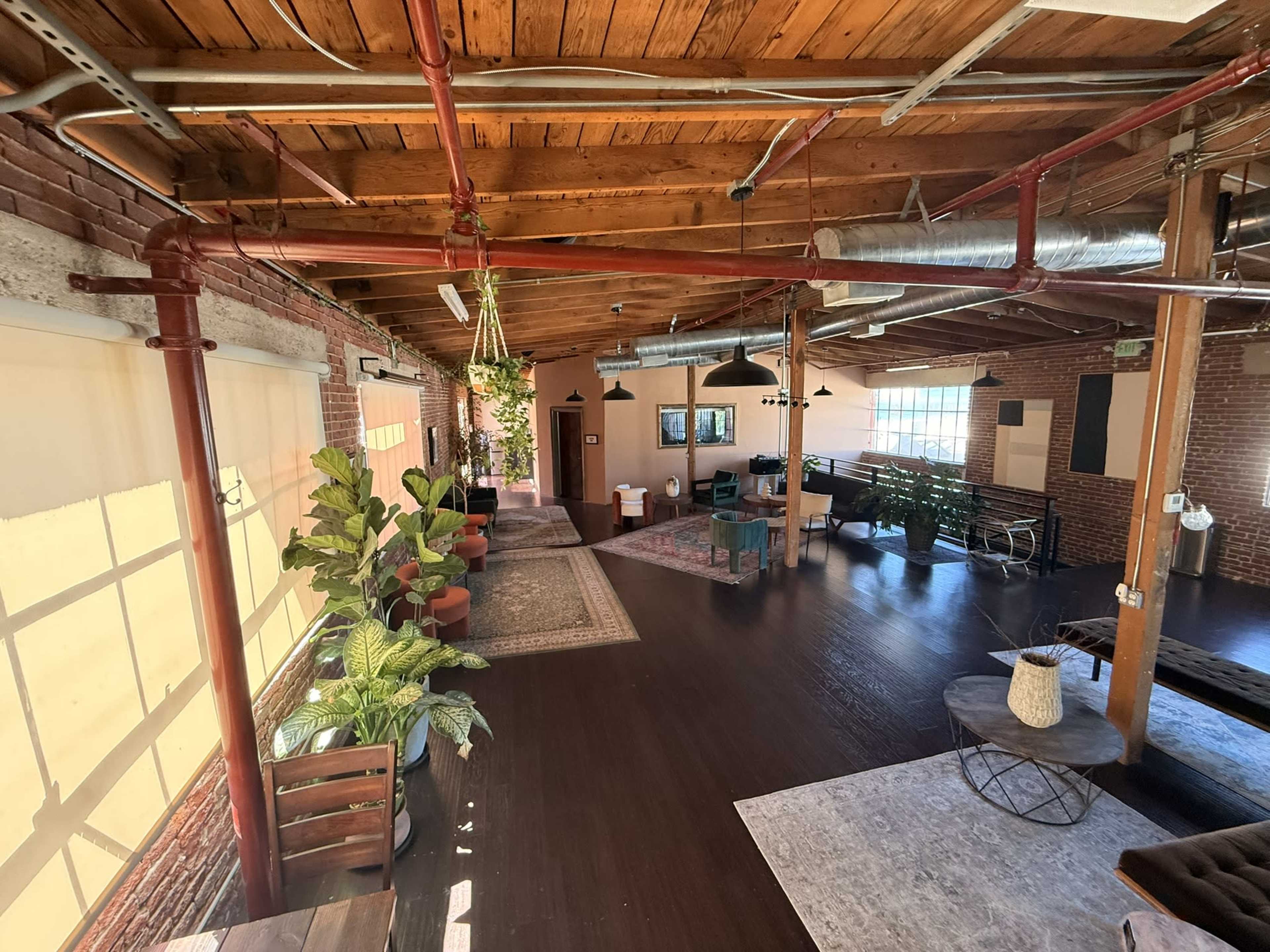 The image shows a spacious loft-like interior with exposed wooden beams, industrial elements, and various plants arranged in pots.