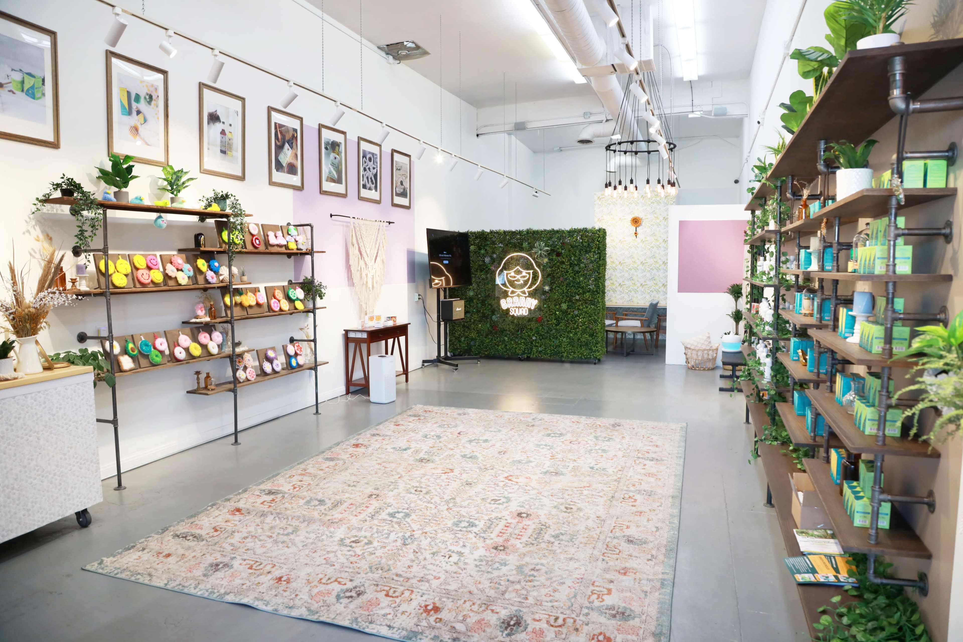 A boutique interior featuring shelves of colorful products, decorative plants, and a cozy area with a rug.