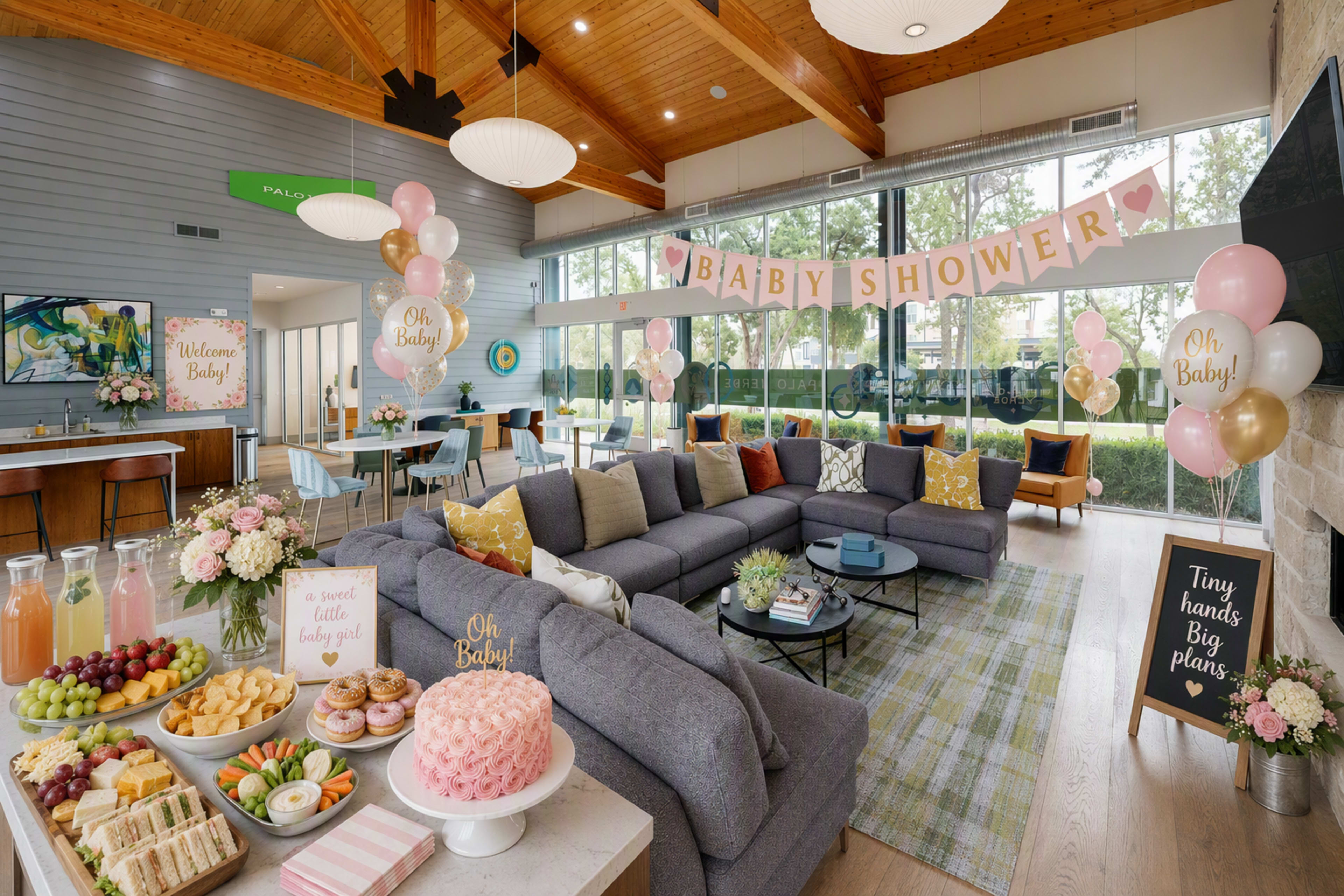A stylish indoor space is decorated for a baby shower, featuring a large seating area, a food display with snacks, and colorful balloons and banners.