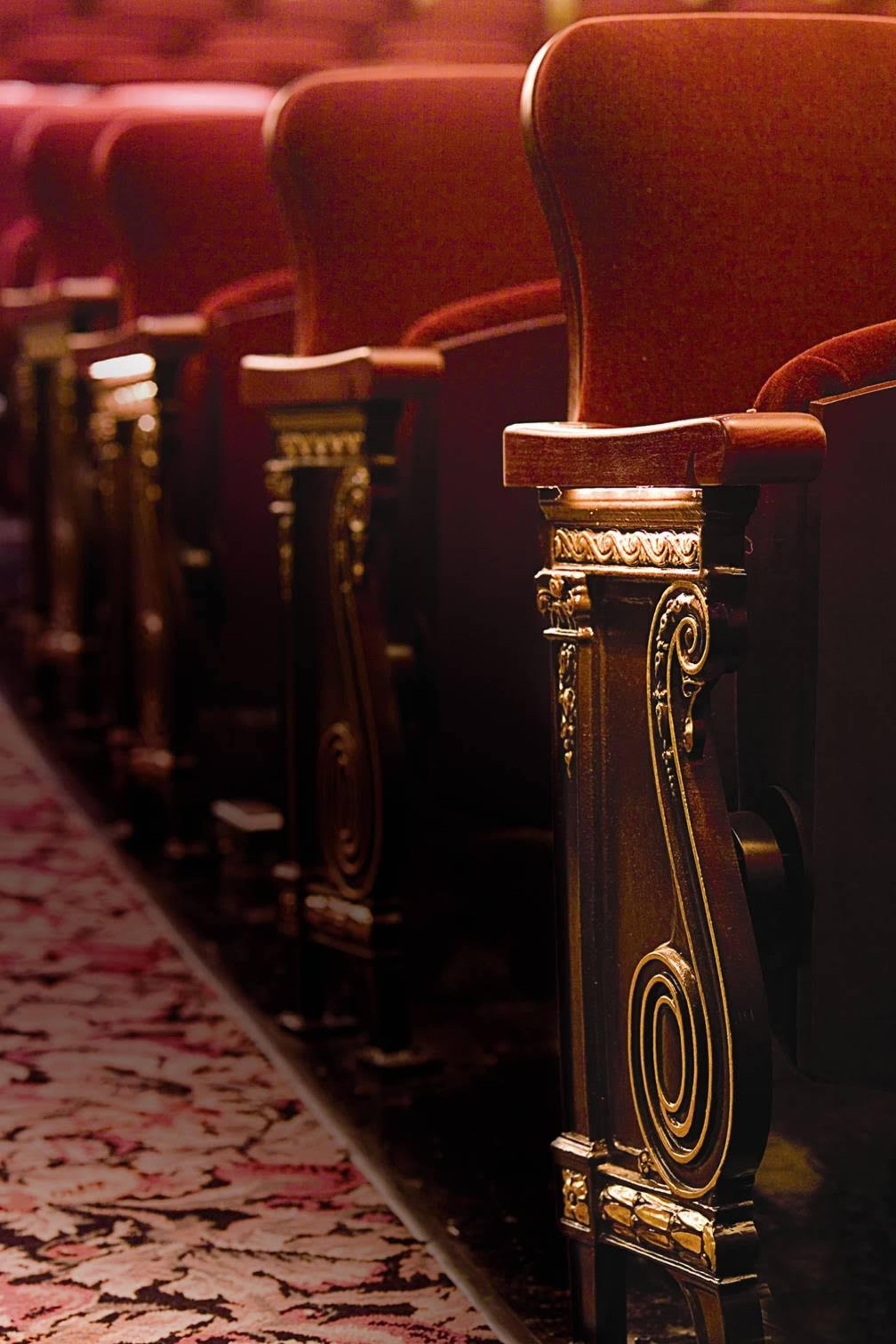 A row of elegant theater seats with ornate wooden armrests, set against a patterned carpet.