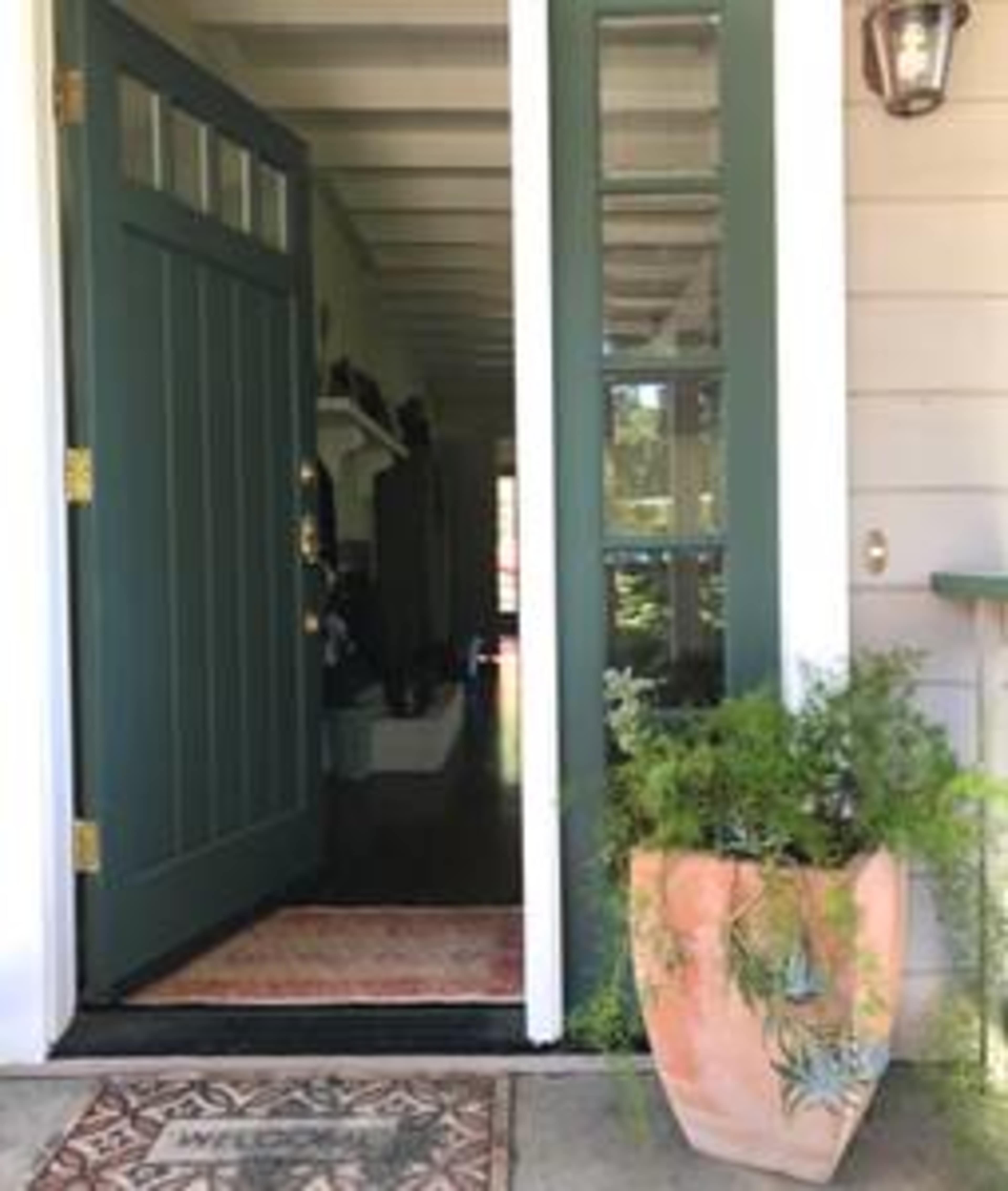 A green front door opens to a hallway with wooden flooring and a glimpse of a light-filled interior.