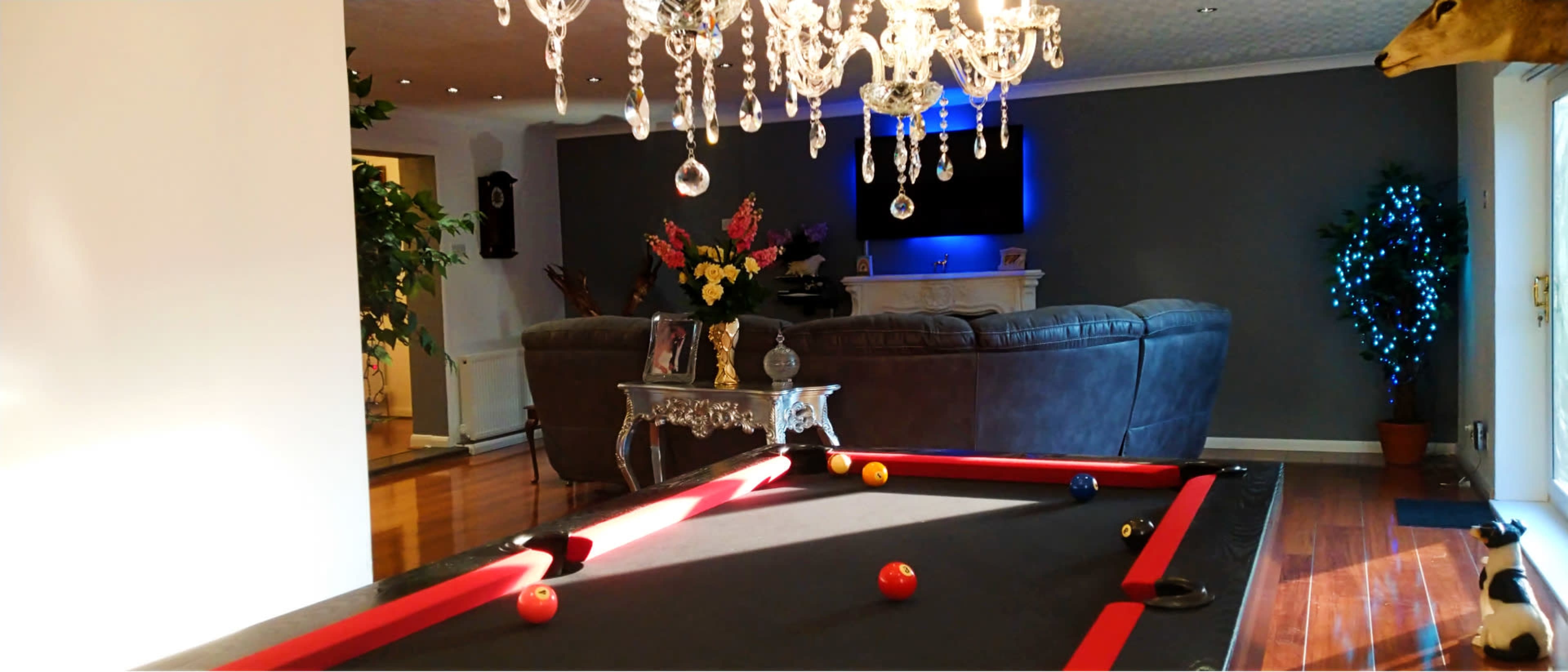 A billiards table in the foreground with a living room featuring a sofa, a fireplace, and decorative plants in the background.