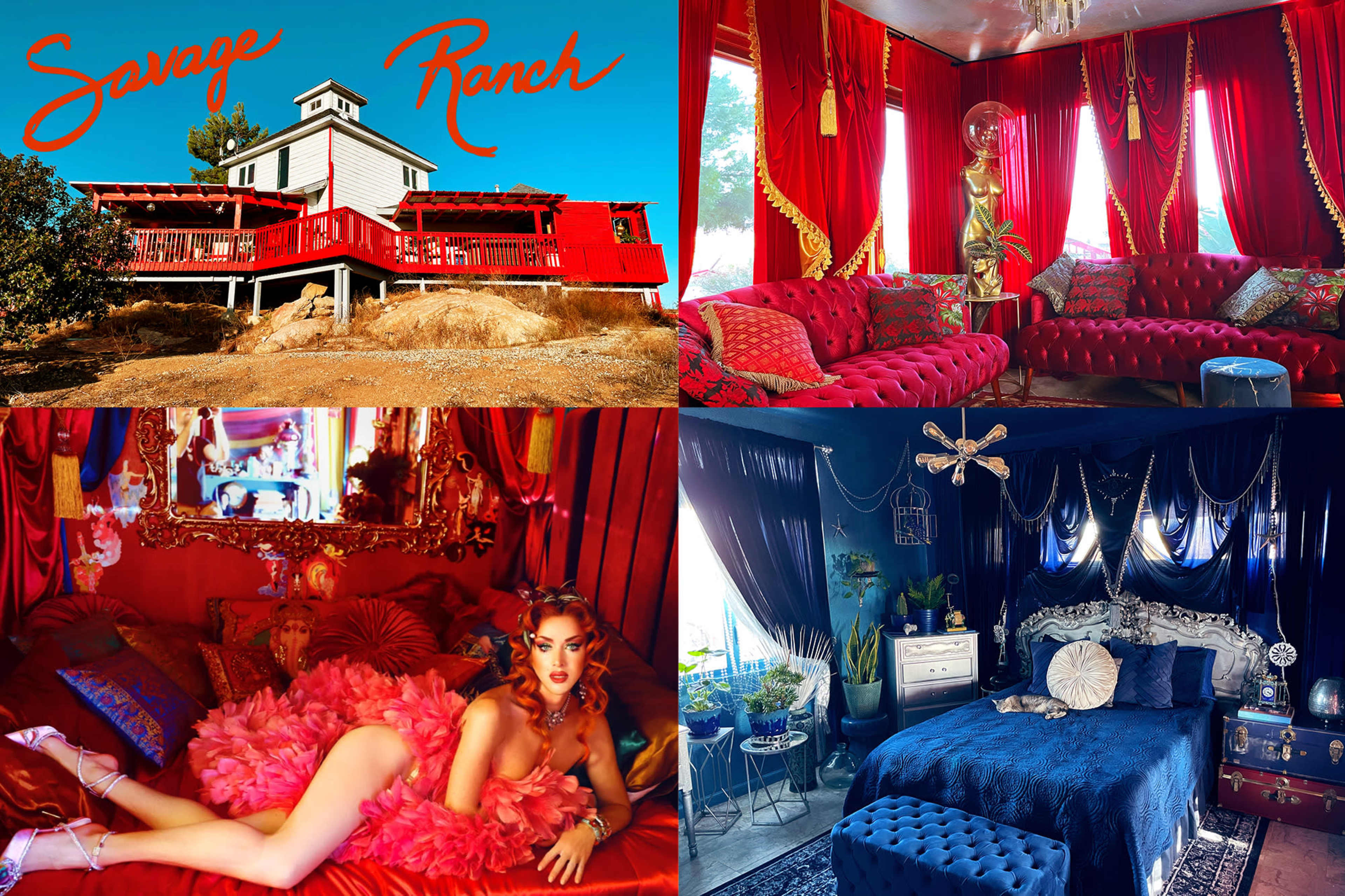 The image showcases four distinct scenes: a red house labeled "Savage Ranch," an opulent room with red drapes and plush seating, a glamorous woman in a pink outfit lounging on a bed, and a bedroom decorated in deep blue tones with elegant furnishings.