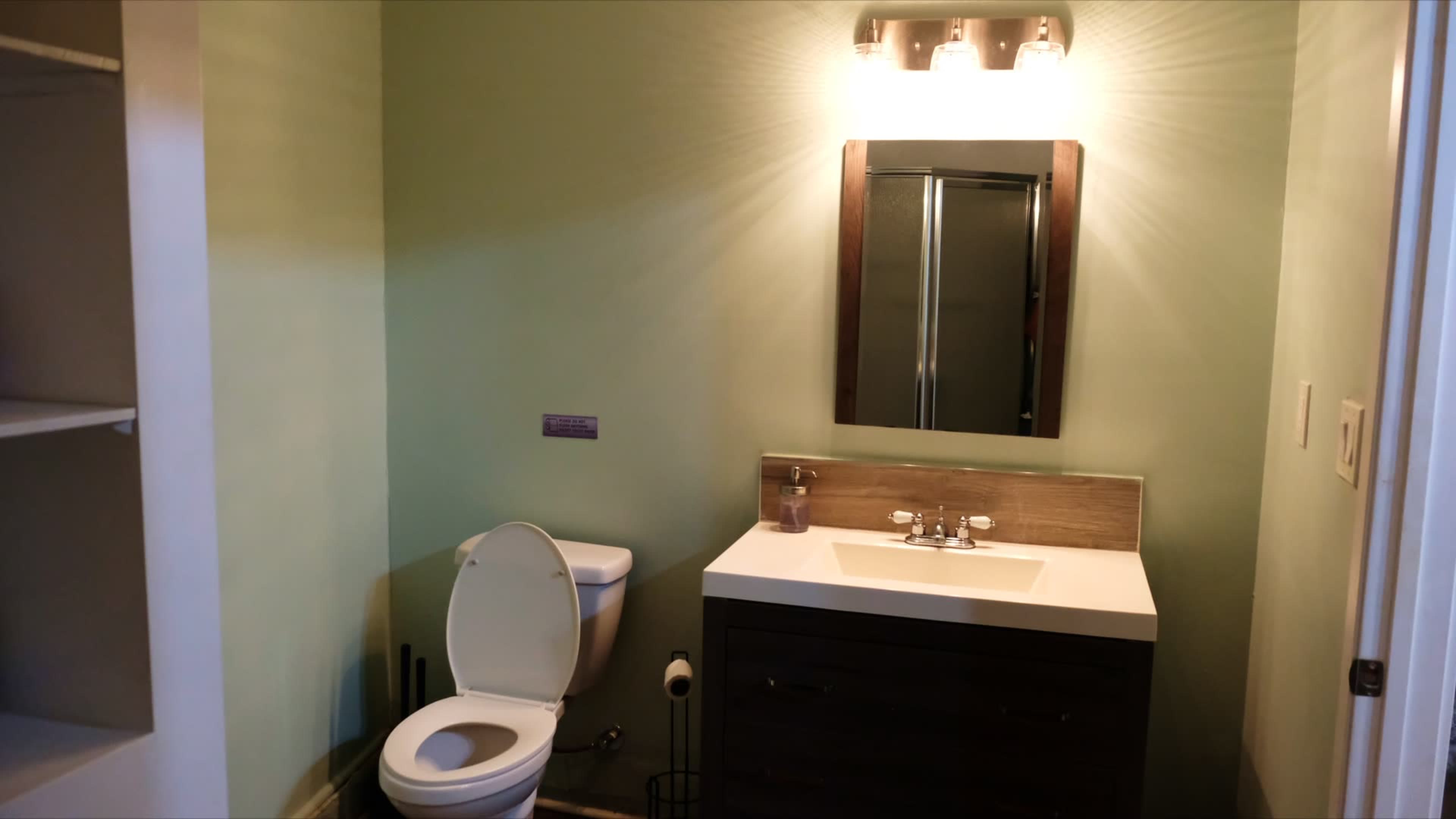The image shows a modern bathroom featuring a toilet, a sink with a countertop, a mirror, and a shower stall, all positioned against a green wall.