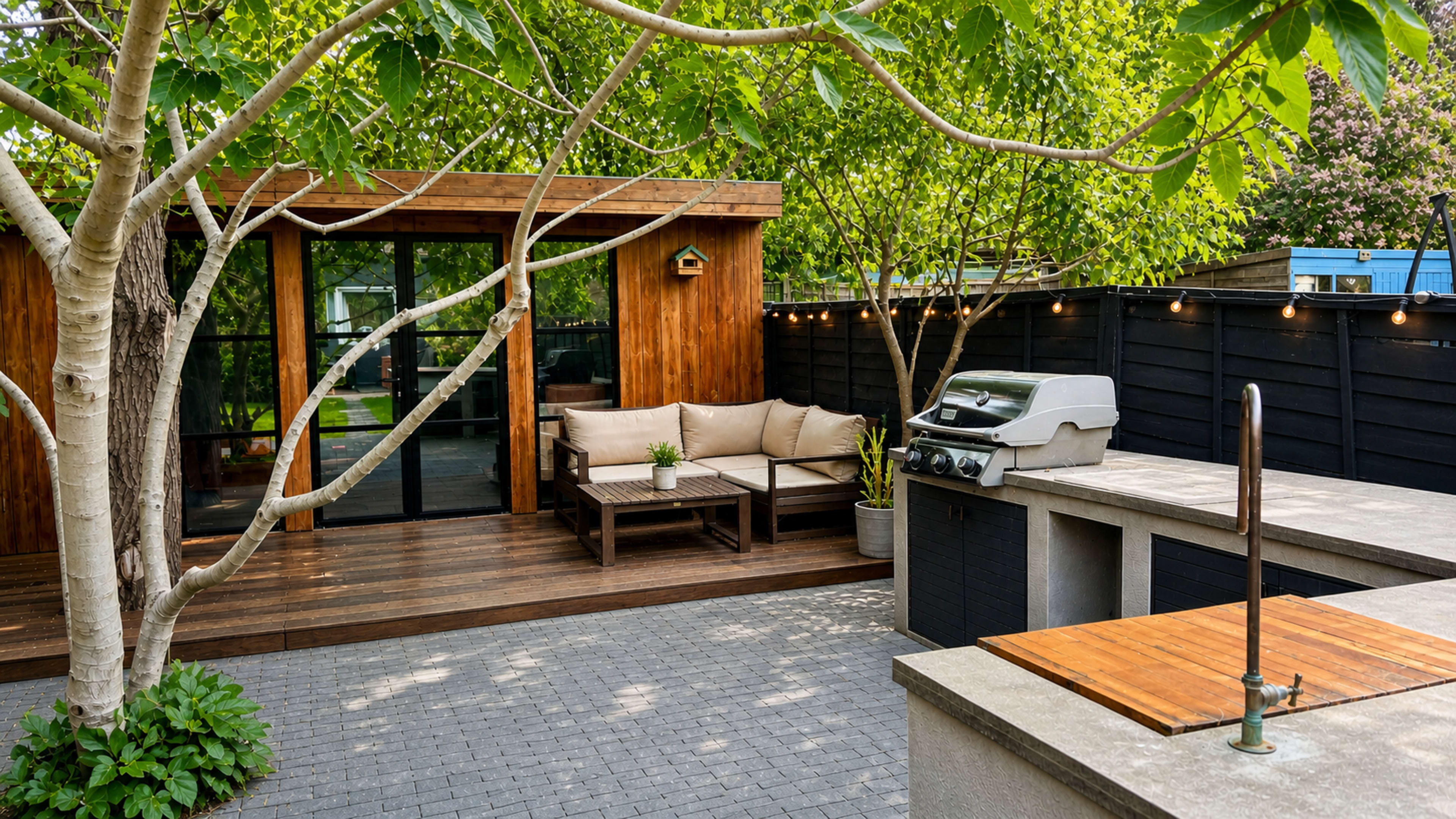 The image shows a modern outdoor patio featuring a wooden deck with seating, a grill area, and lush greenery.