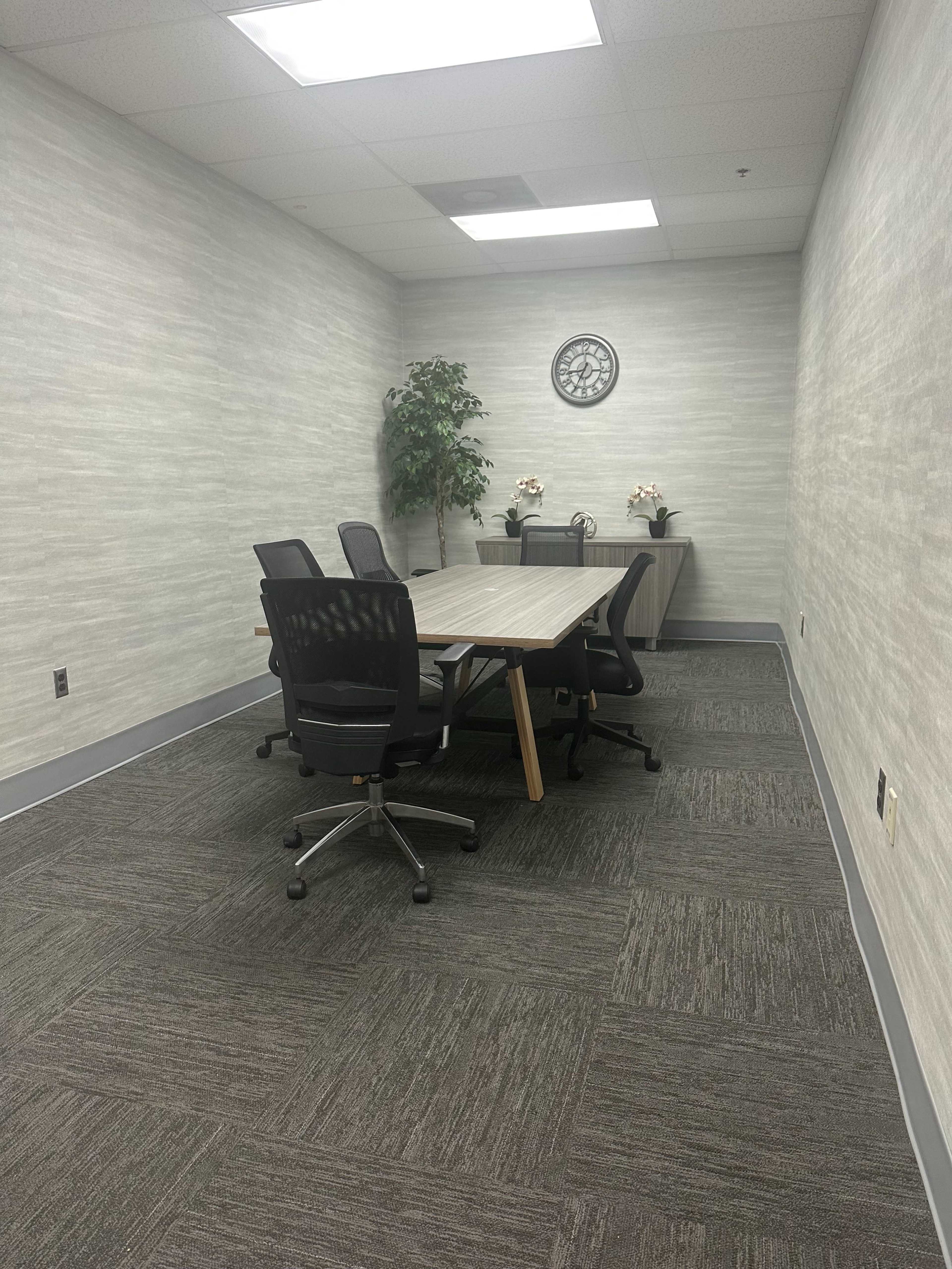 A small, well-lit conference room featuring a rectangular table surrounded by four black chairs, a clock on the wall, and a decorative plant in the corner.