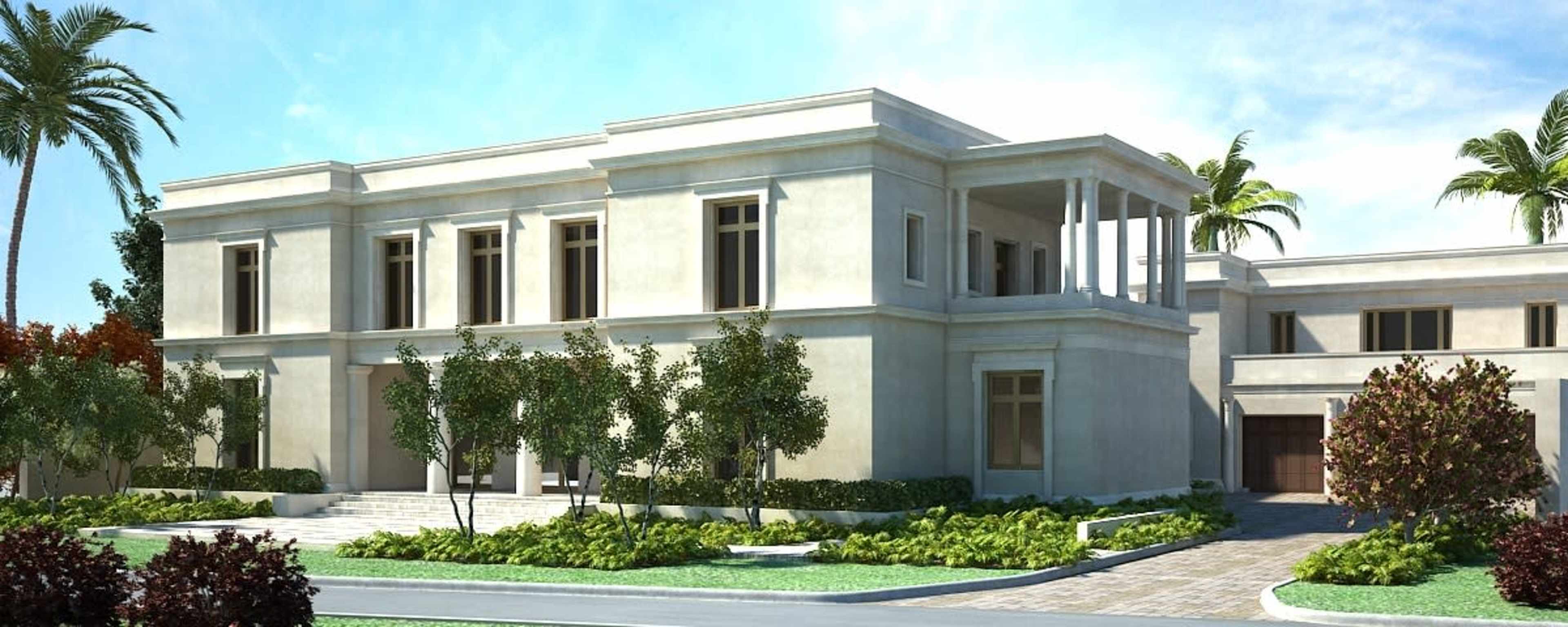A large, modern two-story house with a symmetrical facade, surrounded by landscaped gardens and palm trees.