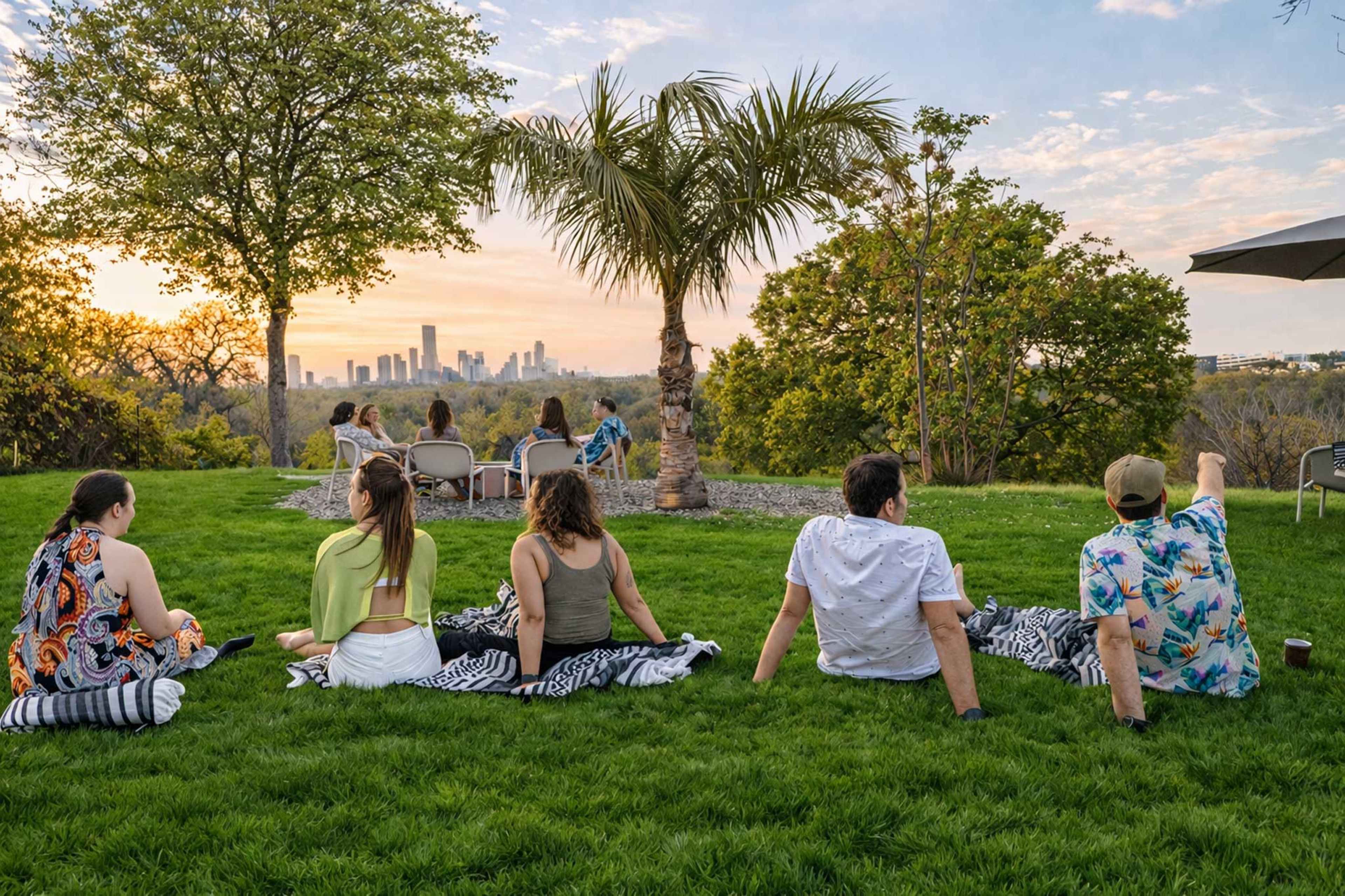 A group of people sits on a grassy area facing a city skyline at sunset, framed by trees and a palm.