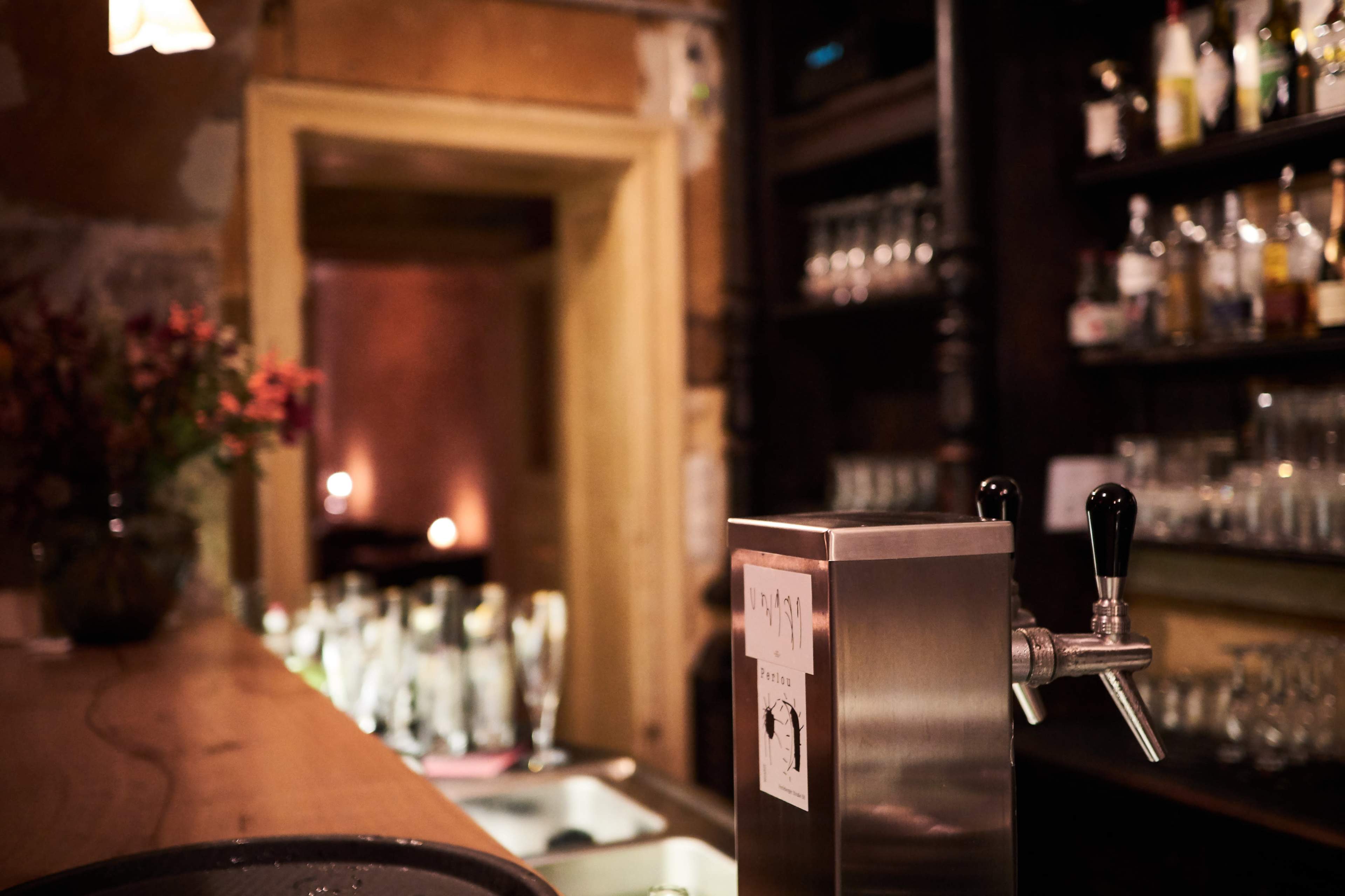 A bar counter with a beer tap and shelves lined with bottles and glasses, illuminated by soft lighting in a rustic interior.