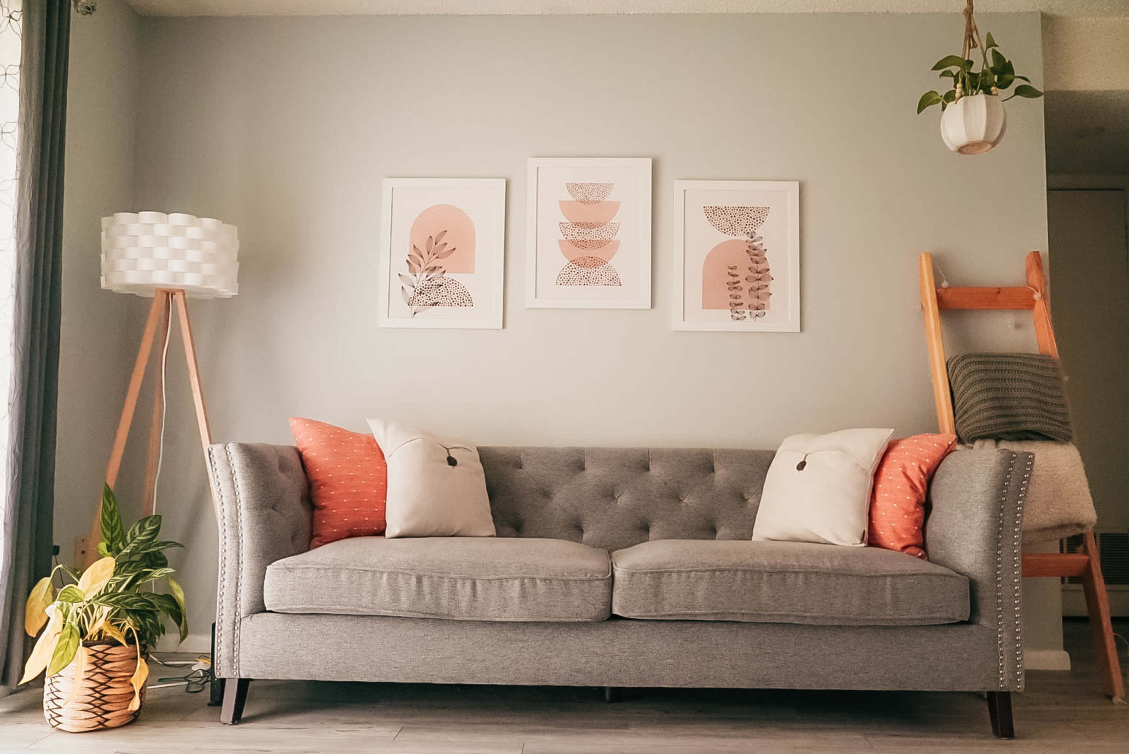 A gray couch with decorative pillows is positioned against a light blue wall, which features framed art and is accompanied by a floor lamp and a plant.